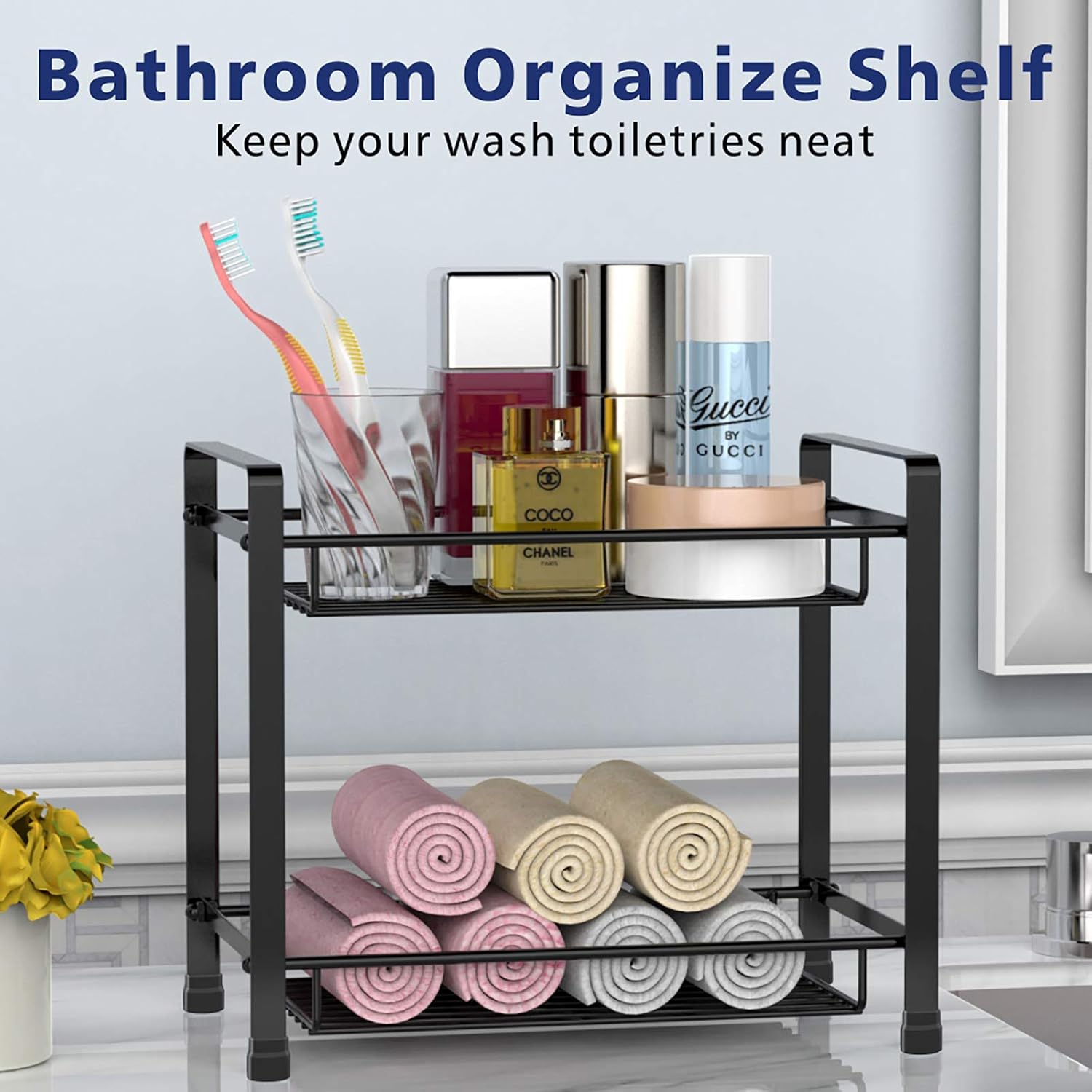 PACKISM Spice Rack Organizer, 2 Tier Detachable Kitchen Spice Rack Wire Basket Storage Counter Shelf Organizer, Black