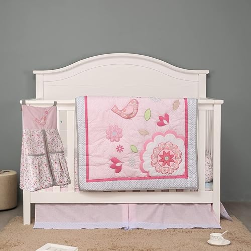 Miniatura 1 de Juego de ropa de cama para cuna de bebé, 3 piezas, bordado rosa, flor, pájaro, cuna, 1 edredón, 1 sábana bajera, 1 bolsa de almacenamiento de
