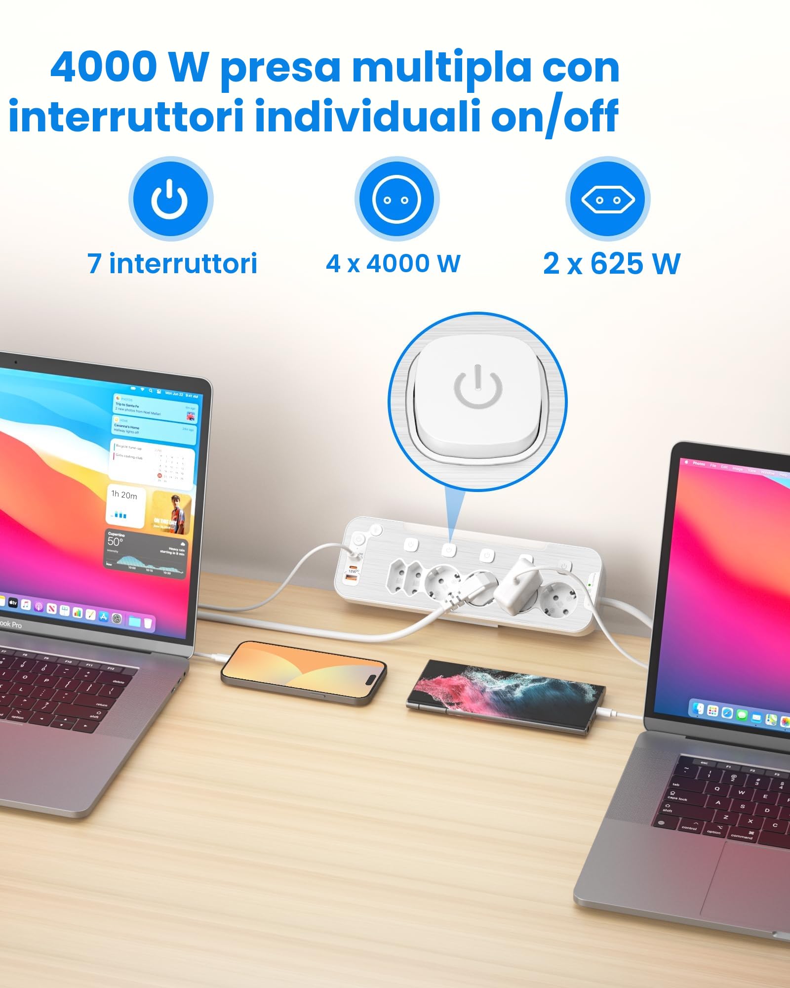 Ciabatta Multipresa da Scrivania,Multipresa Schuko Protezione Sovratensione | Presa Multipla Salvaspazio 6 Presa,Presa da Tavolo con USB C,Angolare Ciabatta Elettrica con Interruttore,Cavo 2 M,Bianco