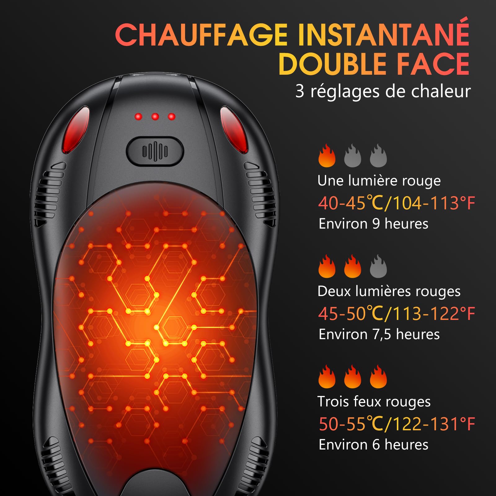 Chauffe Main Électrique mit 10000mAh, Chauffage Double Face Magnétique 2PCS, USB Rechargeable Chauffe-Main, 3 Niveaux de Température, Cadeaux d'hiver pour Plein Air/Camping/Noël (Noir Gris)