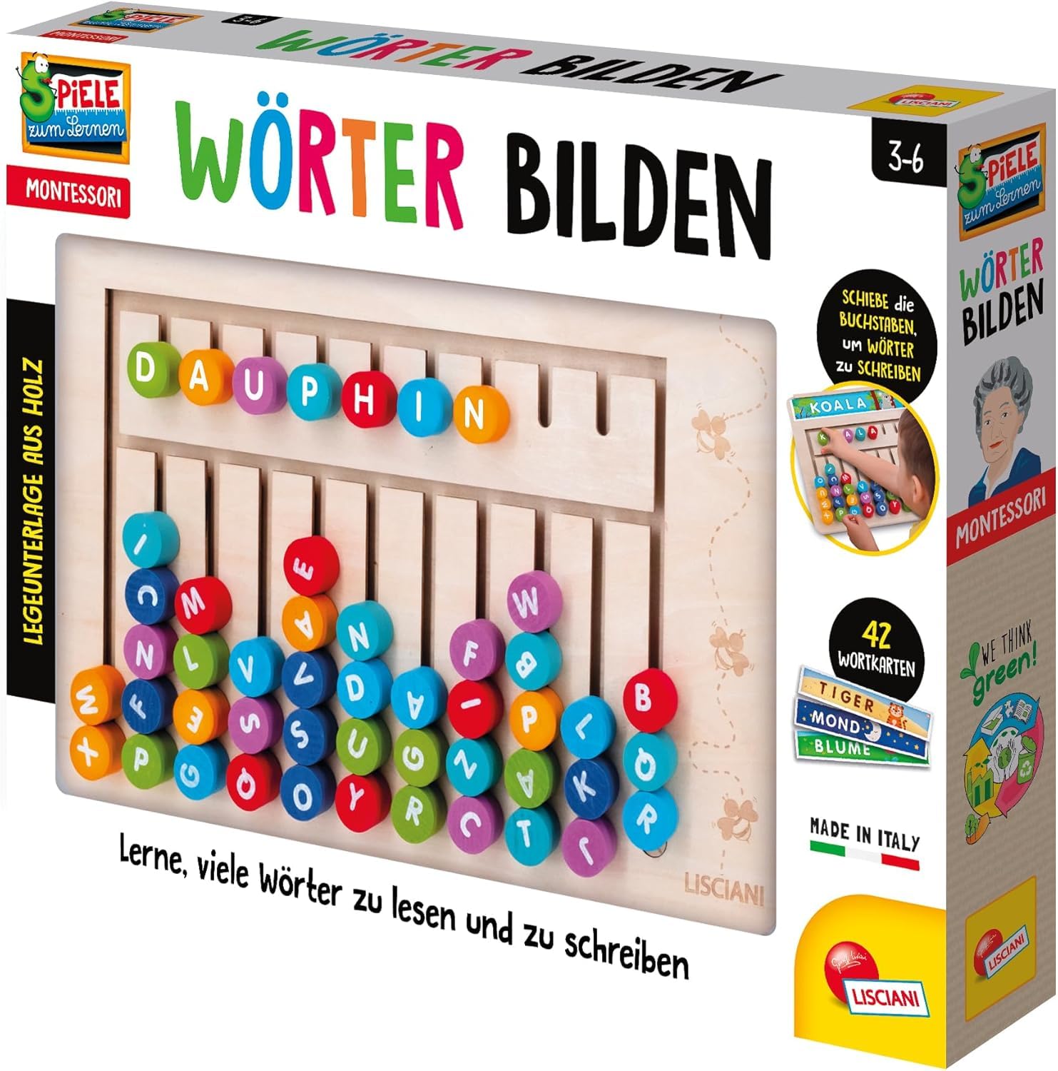 Lisciani - Montessori Schafft Wörter – Buchstaben Lernspiel Holz mit 42 Lernkarten und Tafel – Montessori Lernspiel ab 3 Jahren – ABC Vorschule – Lernspielzeug Buchstaben Holz