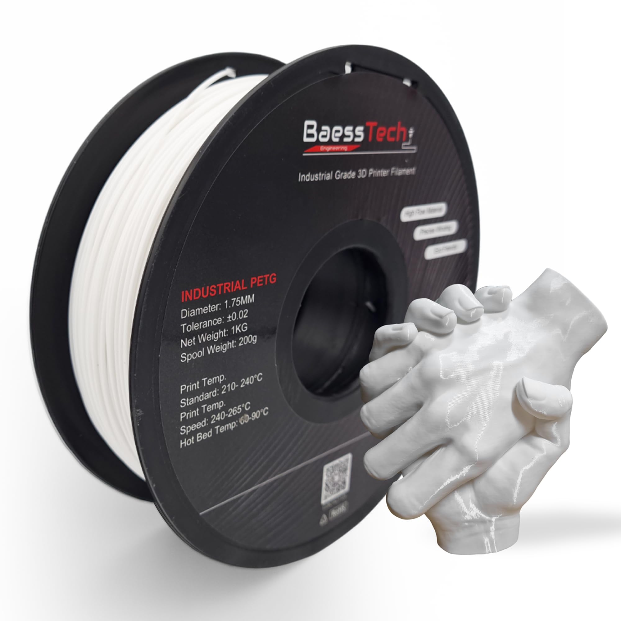 INDUSTRIAL PETG Filamento da 1,75 mm per stampante 3D, bobina da 1 kg, filamento PETG di alta qualità, qualità tedesca, avvolgimento pulito, colore bianco