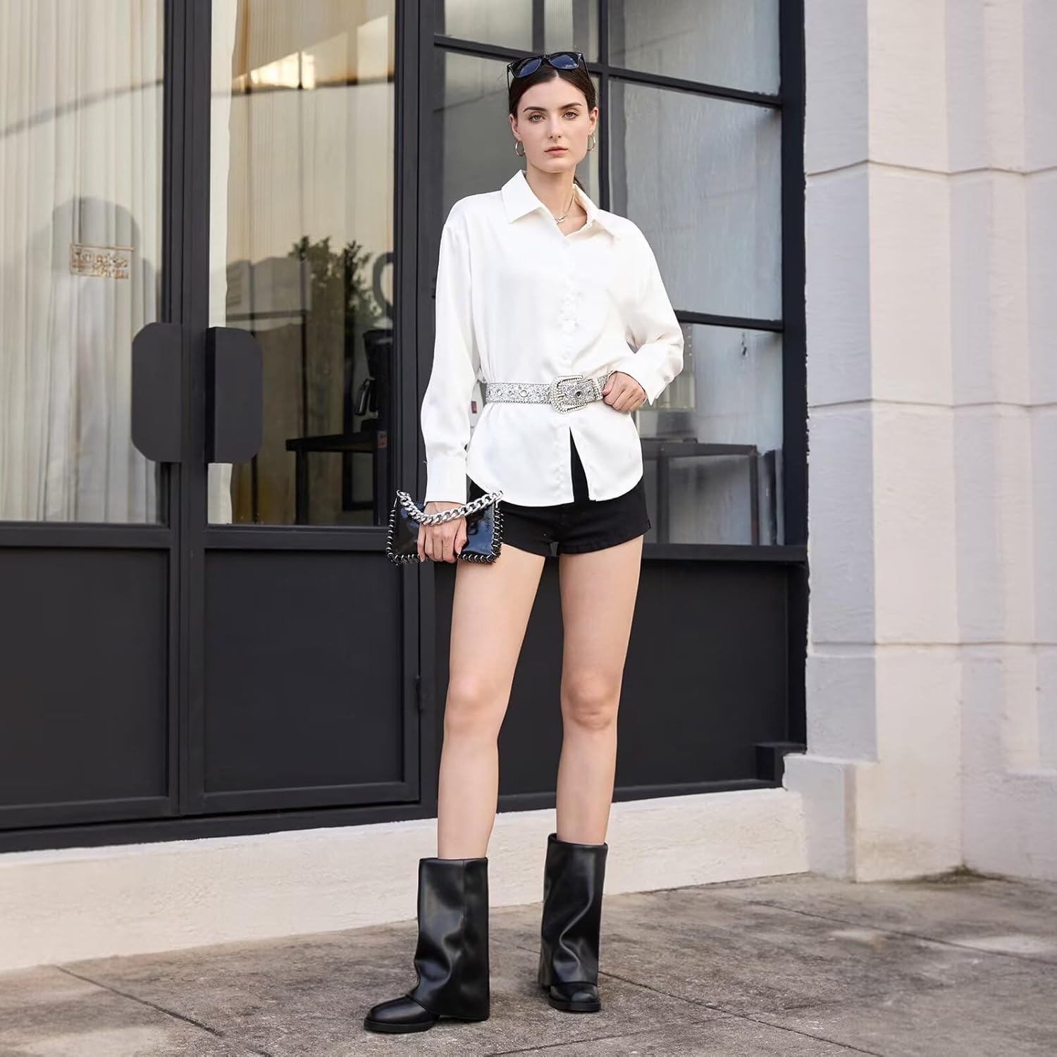 ISNOM Womens Black Boots - Mid Calf Fold Over Chunky High Heel Boots for Women With Side Zipper PU Leather Womens Shark Boot Calf High Square Toe Slouchy Boot for Women - Image 3