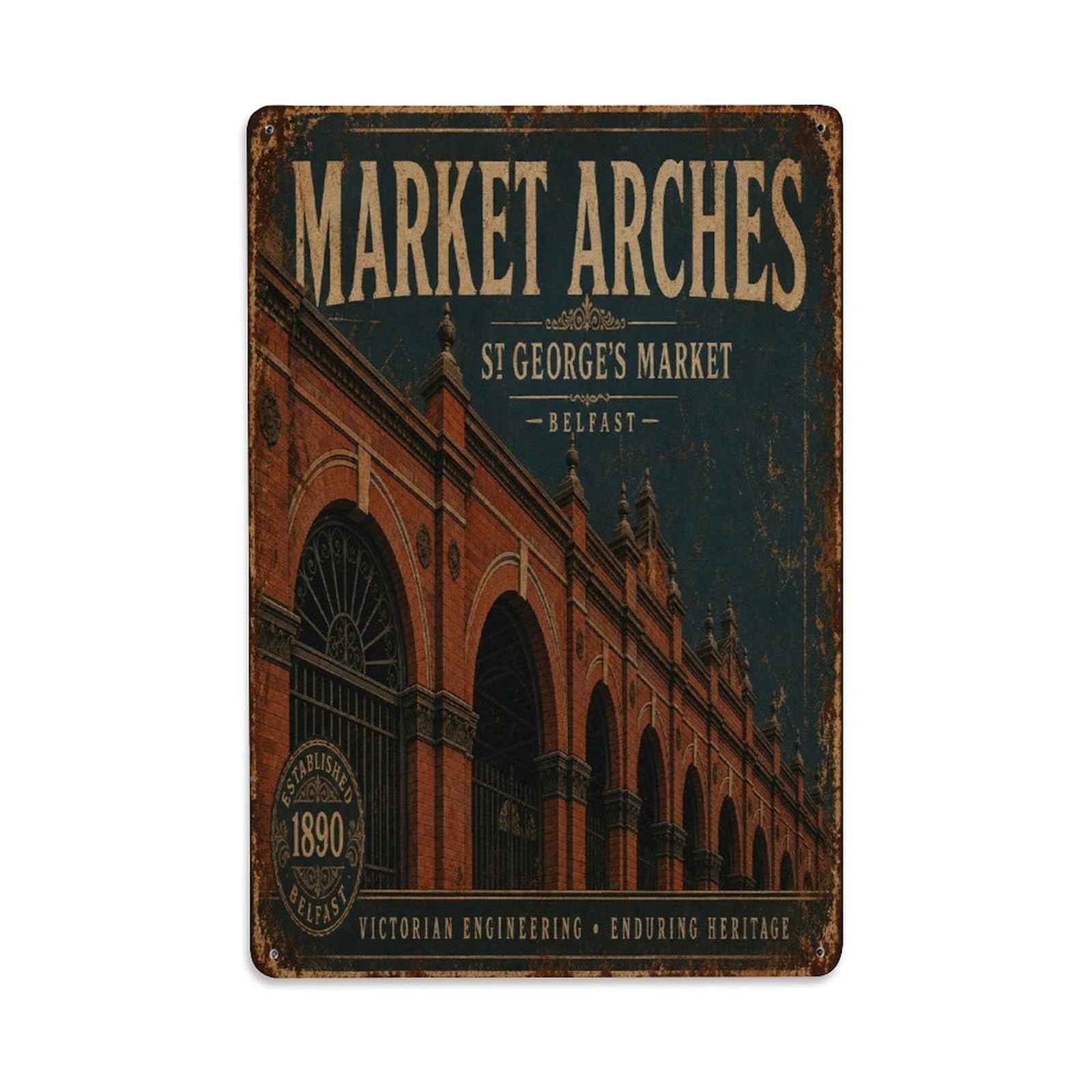 Belfast Market Hall Northern Ireland Heritage Metal Tin Sign Plaque Wall Decor for Cafe, Man Cave, Club Bar, Office, Home Garden Round Metal Poster 8x12Inch