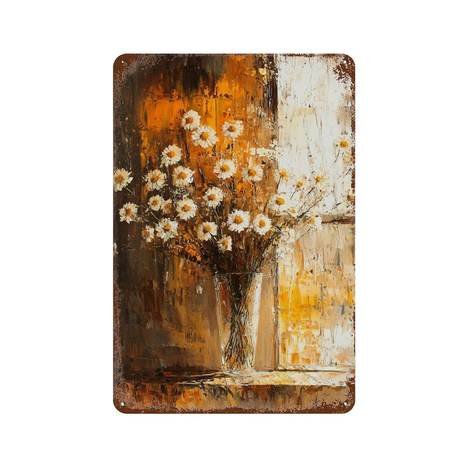 Rust Effect Daisy Bouquet in Glass Vase Vintage Rust Metal Sign 11.8"x7.9", Old School Wall Decor for Basement, Hobby Room And Garage Decor