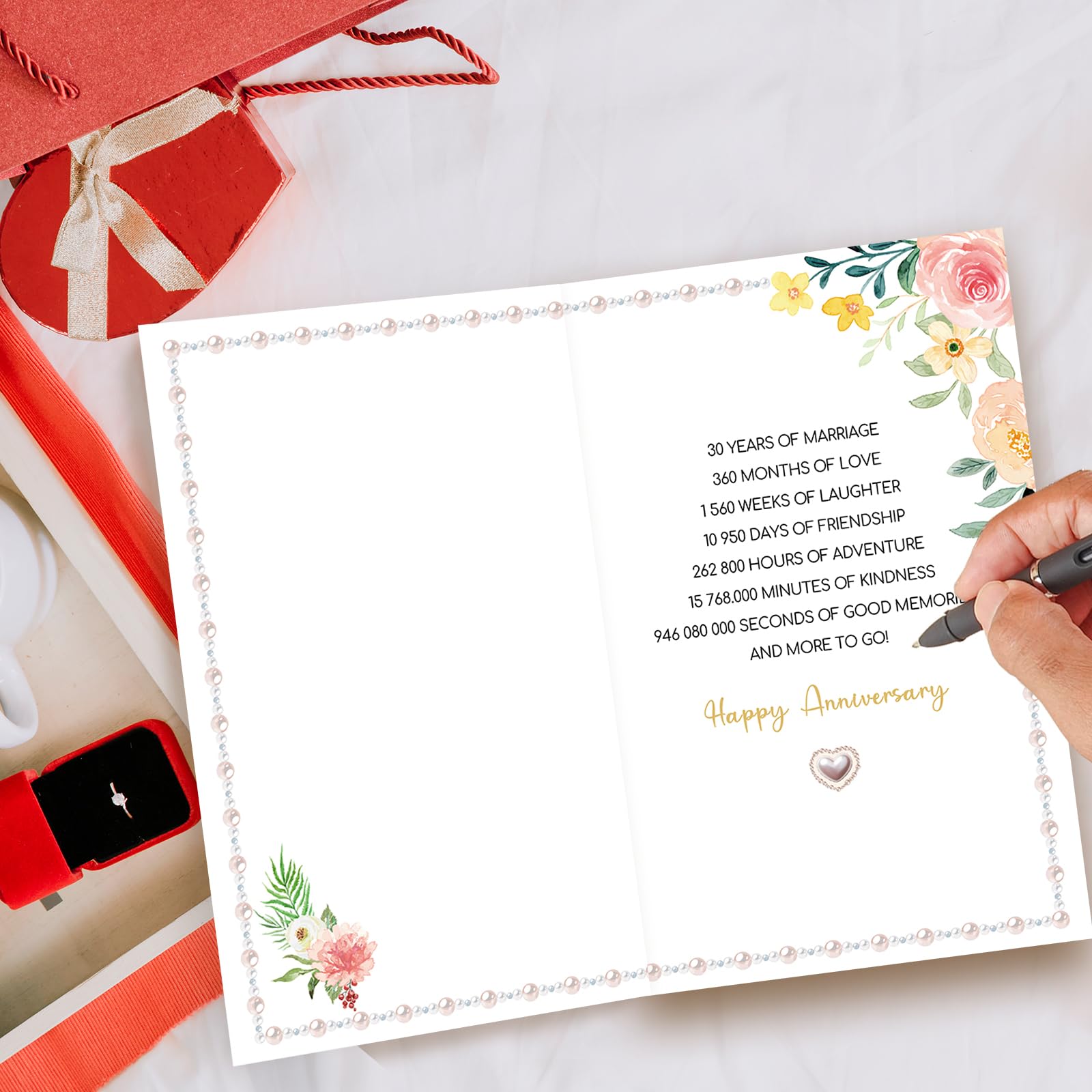 Tarjeta de 30 aniversario, regalo de 30 aniversario de boda, regalo de tarjeta de aniversario de 30 años, aniversario de perlas felices, 8 x 5.3 pulgadas, doble cara