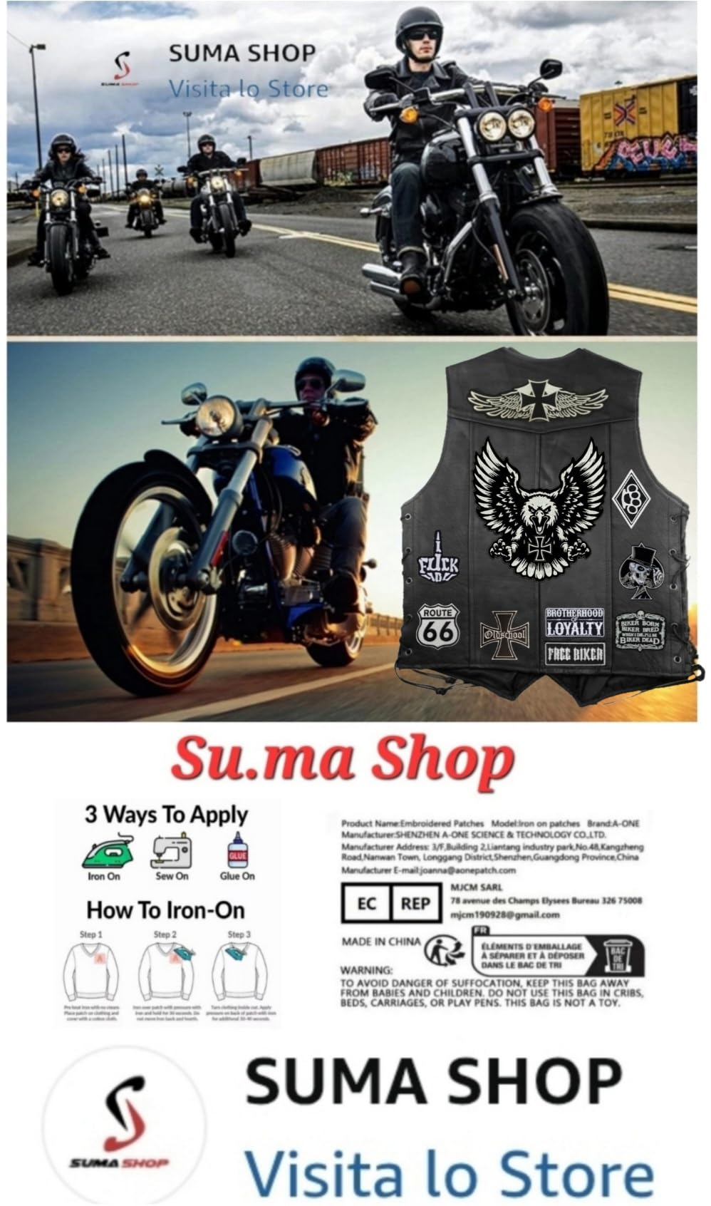 Set 4 Toppe Patch ricamate da applicare con ferro o cucitura: " BIG SET PATCH" | Patch biker annodabile/applicabile con ferro | Sticker per motociclisti | Fai da te