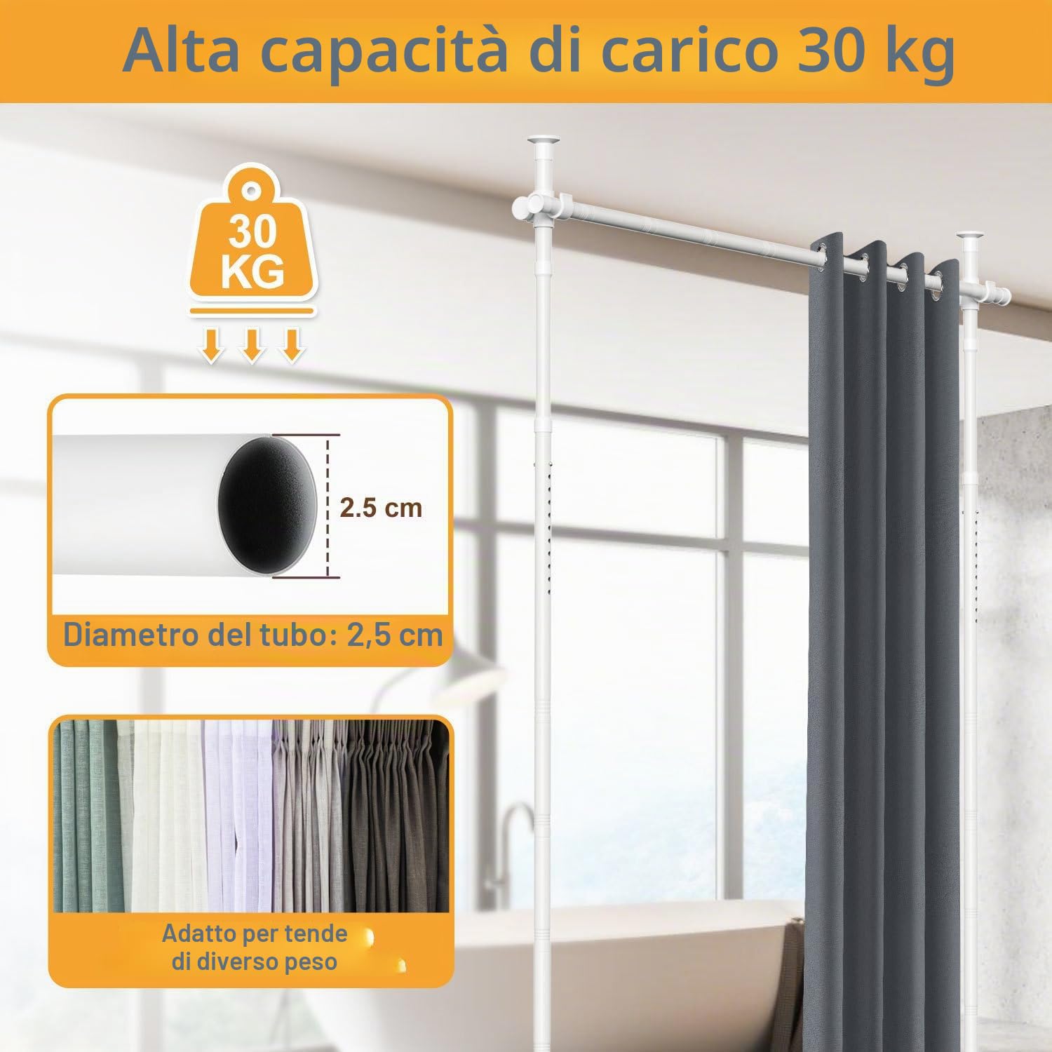 Divisorio Paravent Supporto Asta per Tende, Autoportante Separatore Ambienti Paravent Senza Tenda, L 70-177cm x A 122-305cm, Paravent Flessibile Regolabile Senza Forare, Schermo Privacy per Camera da