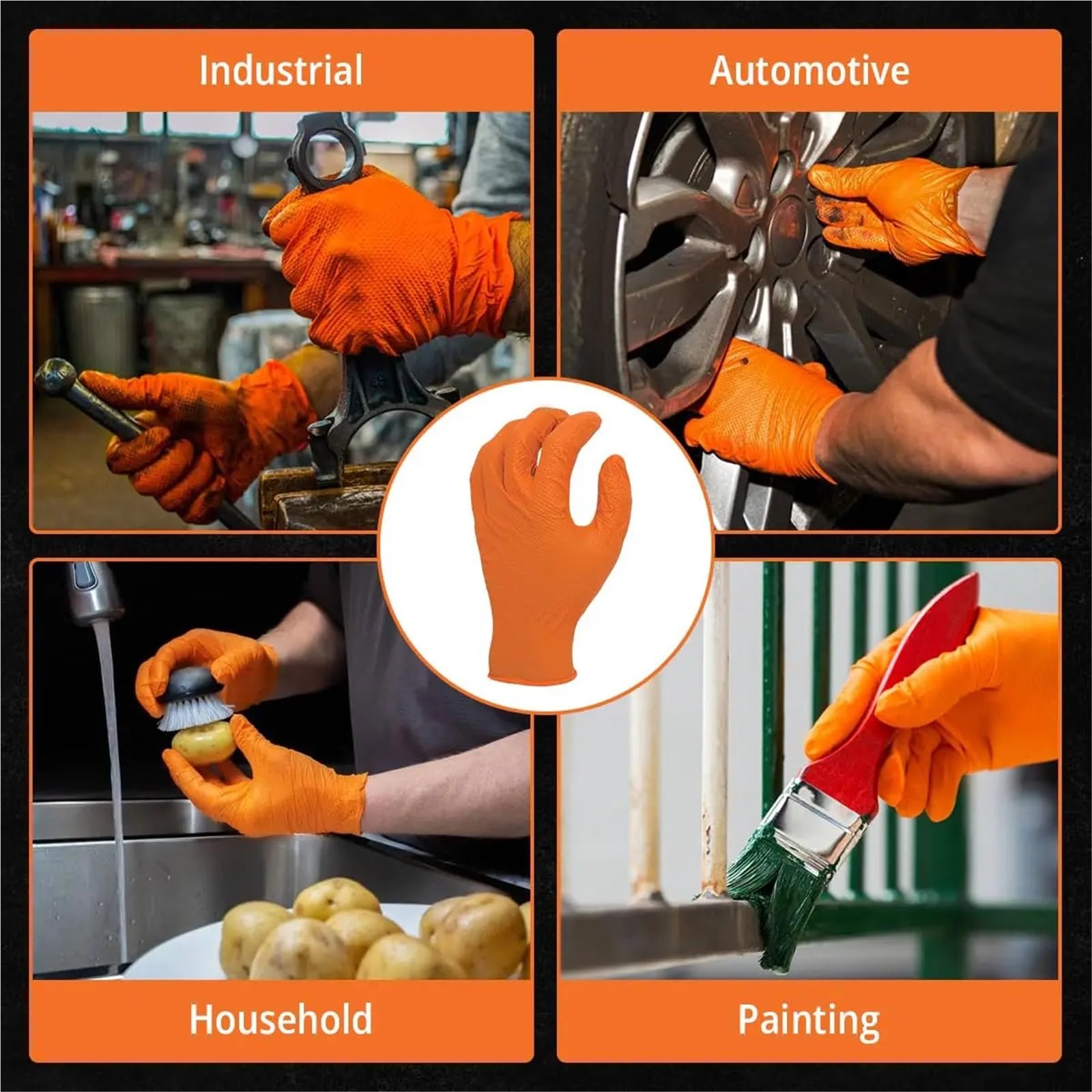 Guanti Da Lavoro Antiscivolo Guanti da lavoro in nitrile diamantato addensato con impugnatura strutturata antiscivolo di sicurezza for il giardino domestico meccanico(Orange- 50pcs,L)