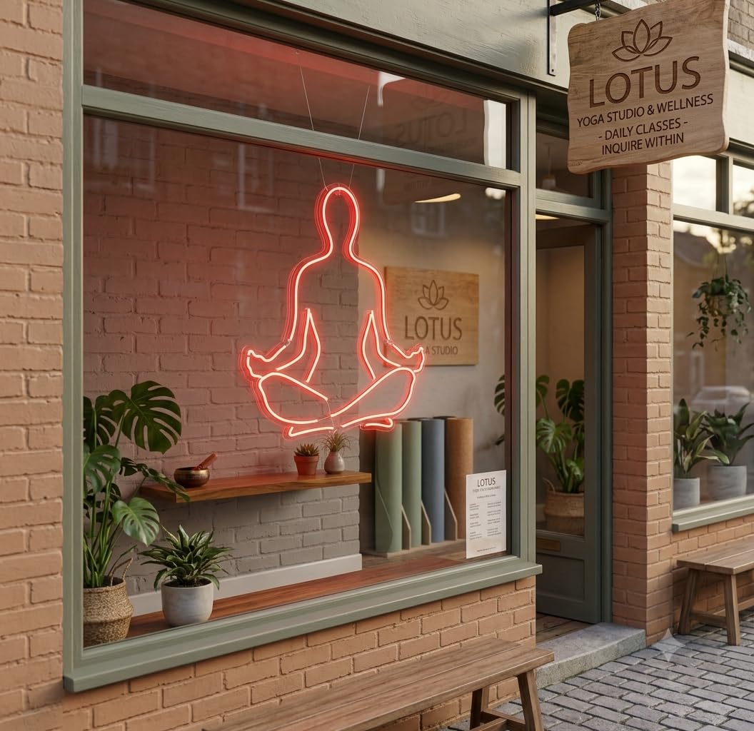 Letrero Neón LED Meditación Yoga, Figura Loto, Color Rojo 50 cm aproximadamente alimentación 12v