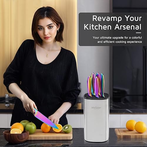 Miniatura 3 de WELLSTAR Rainbow - Juego de 7 cuchillos de cocina de acero inoxidable de alto carbono iridiscentes alemanes con bloque universal de cuchillos,