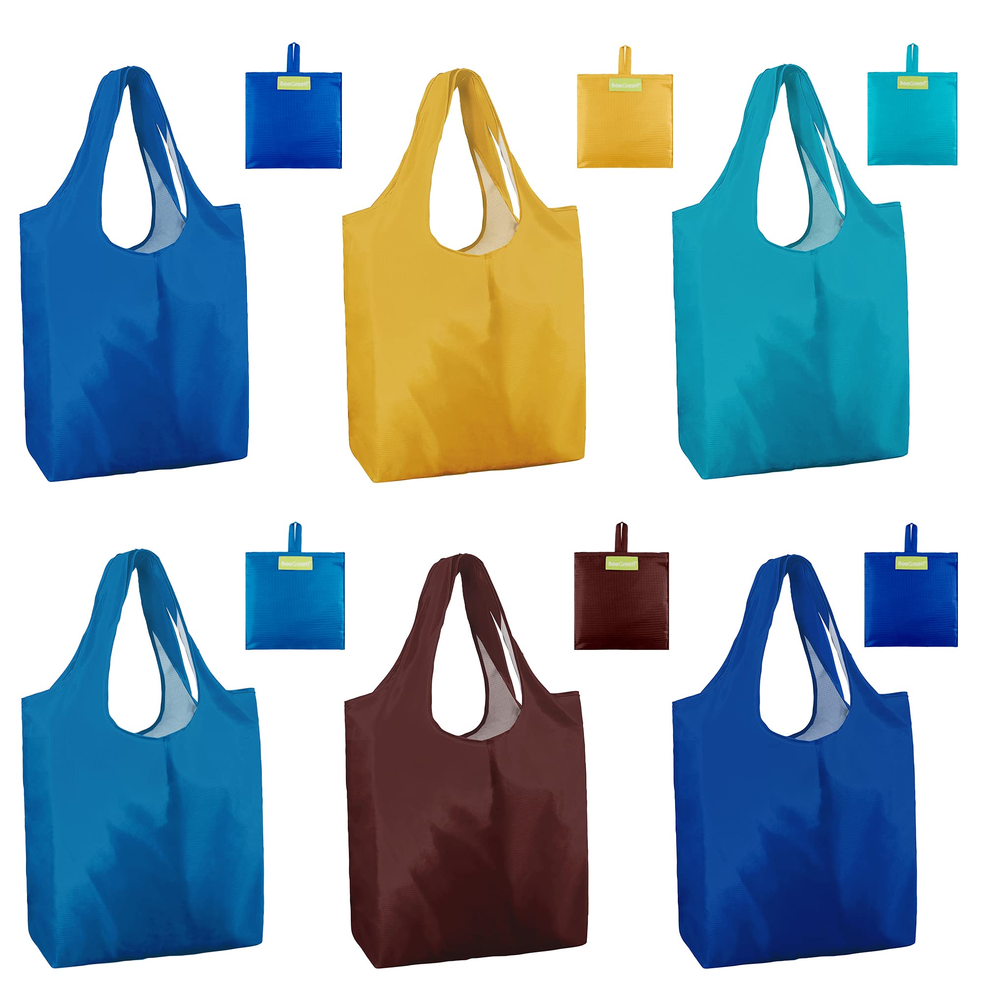 BeeGreen Reusable Totes Bags for Shopping Grocery 6 Pack Ripstop 50LBS
