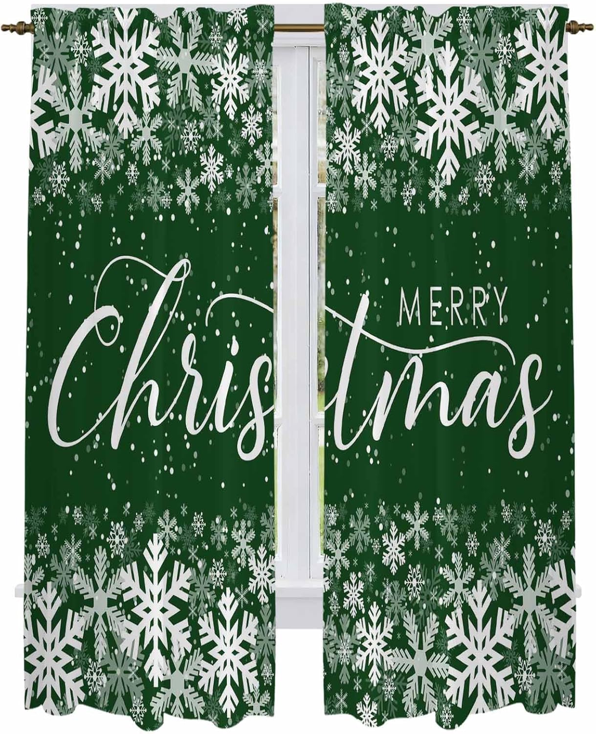 Merry Christmas Window Curtains 72 Inch Long 2 Panel Set, Rod Pocket Long Curtains & Drapes, Winter Snowflake Xmas Aesthetic Green Light Filtering Window Treatment for Bedroom Living Room 52"W x 72"L