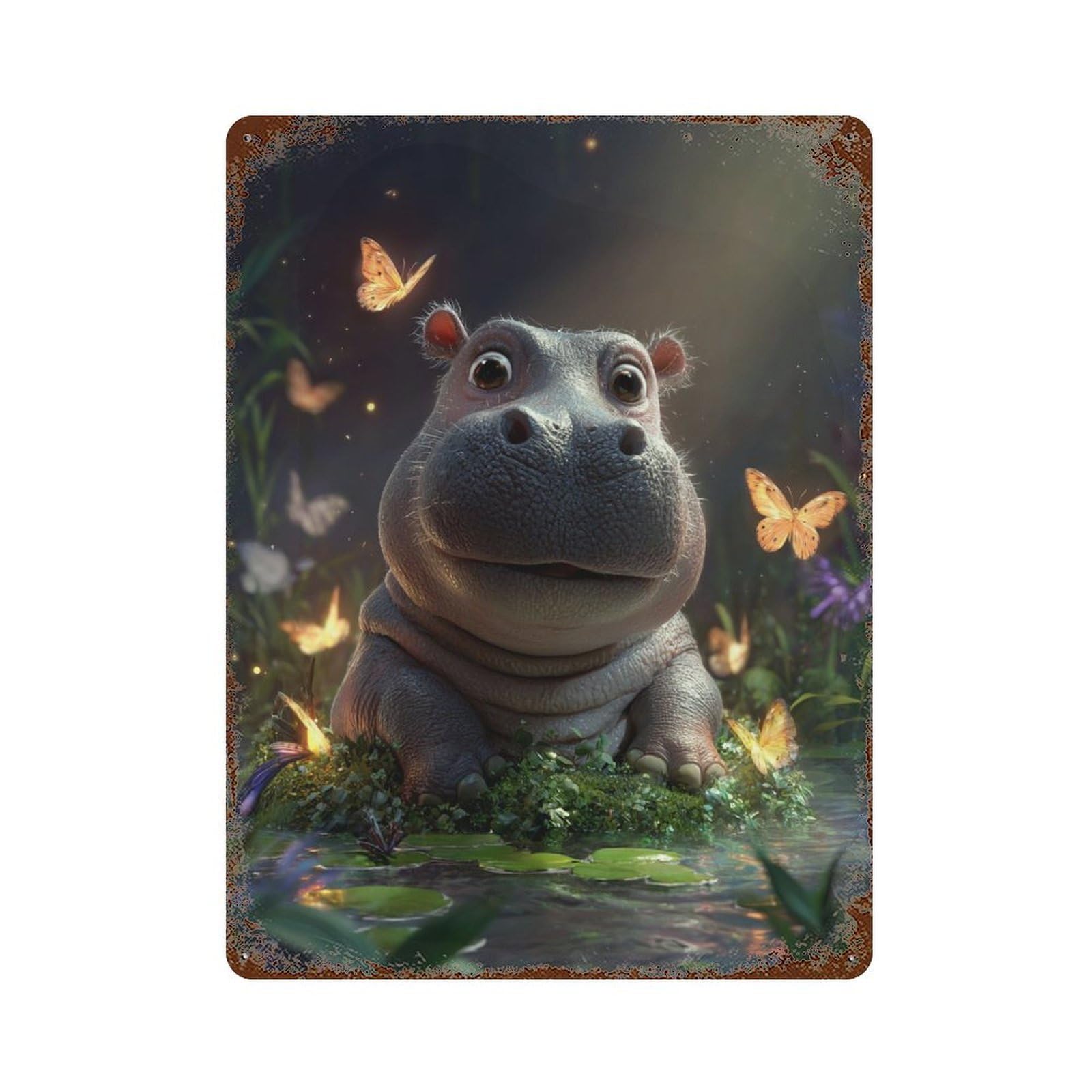 Rustic Tin Plaque Jungle Hippo with Butterflies -3 15.7"x11.8", Vintage Wall Decor for Pub, Kitchen And Man Cave Decor