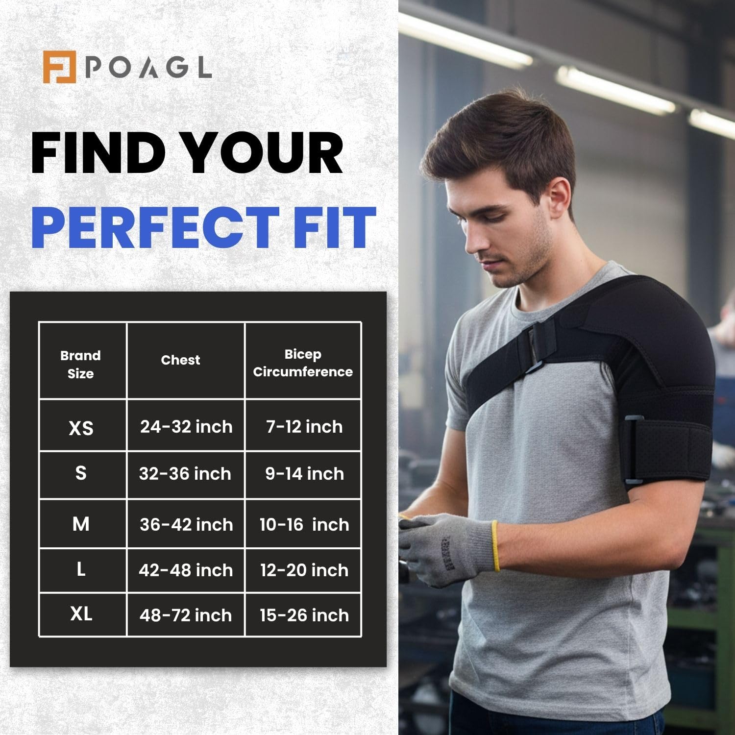 POAGL Adjustable Shoulder Brace for Men - Both Left and Right Arm - Pain Relief for Torn Rotator Cuff, Compression Support Sleeve for Dislocation, Bursitis, Tendonitis (Black, X-Large)