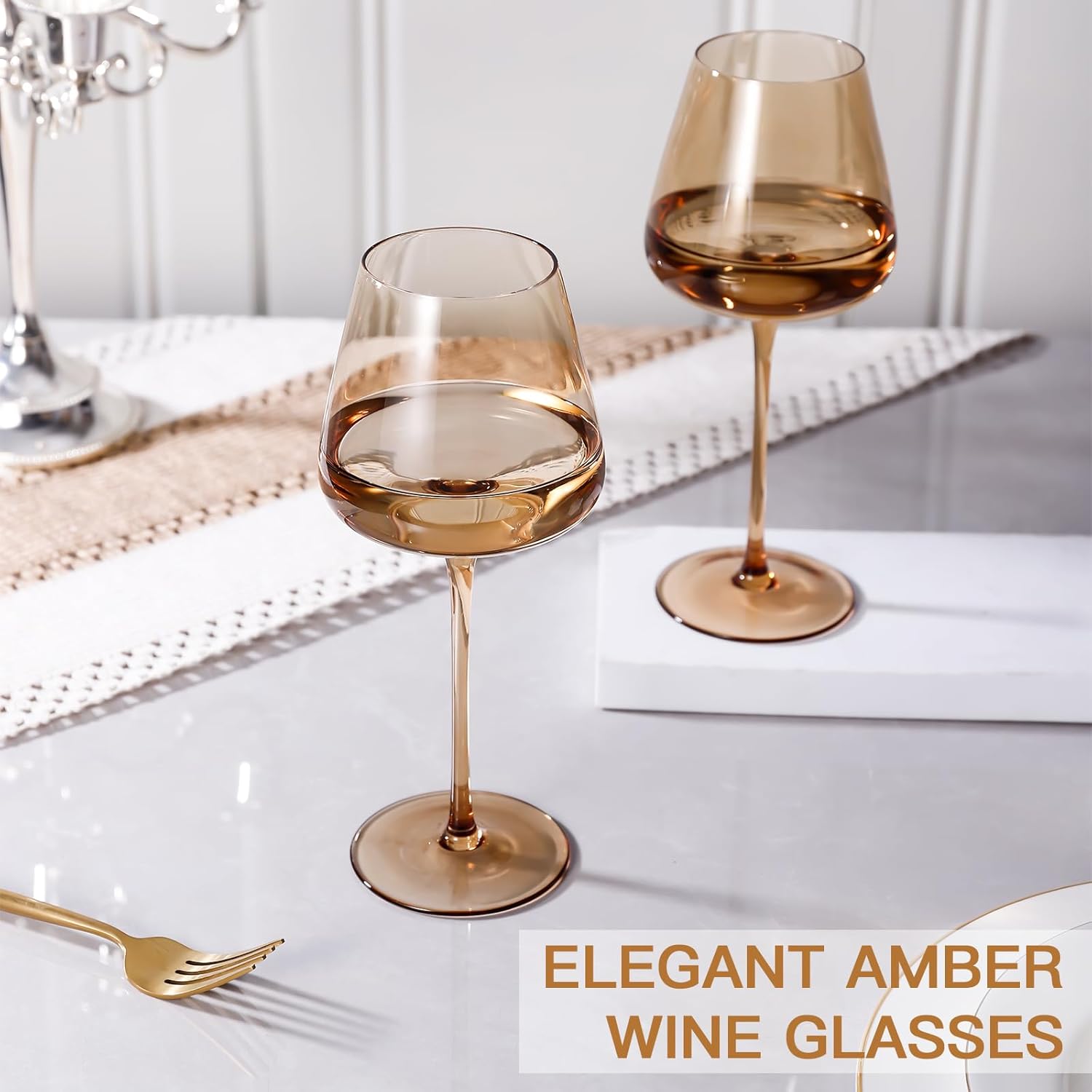 Amber Wine Glasses Set of 6, Hand Blown Large Colored Wine Glass 18Oz, Lead-Free Premium Crystal Long Stem Brown and Thanksgiving Wine Glass, Housewarming and Mother's Day Gift