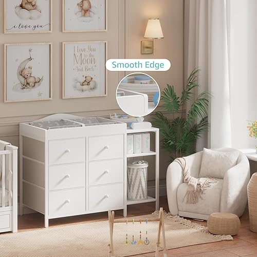 Miniatura 3 de BOLUO Cómoda para bebé con cambiador, tocador blanco con 6 cajones de tela, estación de cambio de pañales con estante de almacenamiento para