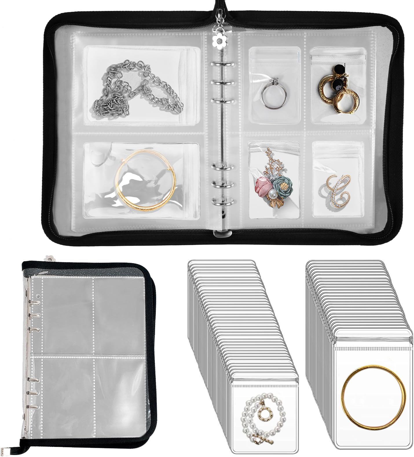 Travel Jewelry Organizer Transparent Jewelry Storage Book Set with Anti-oxidation Pocket Traveling Necklace Earring Organizer for Ring, Bracelets, Postcard (120 Grids +75 Thicken PVC Zipper Bags)