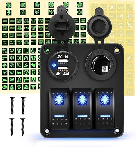 GOOACC Panel de interruptor basculante de 3 bandas con cargador USB y encendedor de puros, interruptor de palanca de 12 V 24 V, interruptor