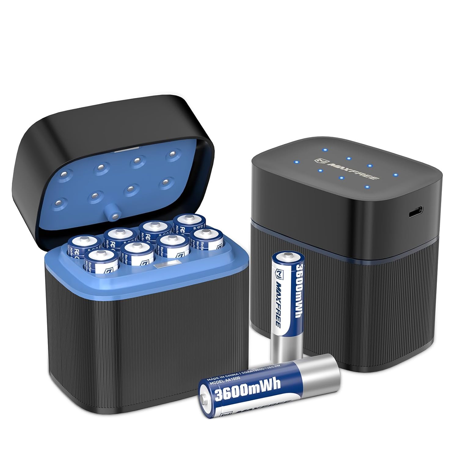 Maxfree Rechargeable AA Batteries Lithium with Charger 8-Pack 1 5V 3600mWh Long Lasting Double A Batteries with LED