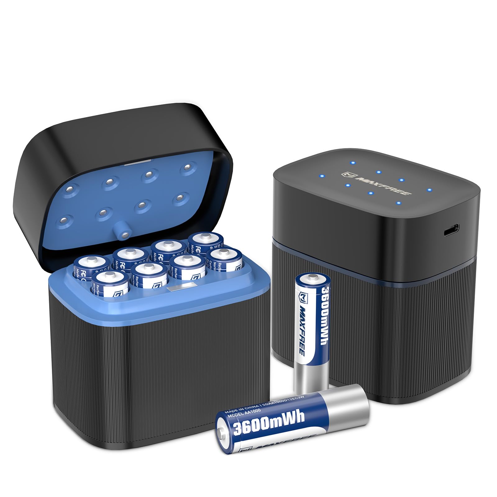 Maxfree Rechargeable AA Batteries Lithium with Charger 8-Pack 1 5V 3600mWh Long Lasting Double A Batteries with LED
