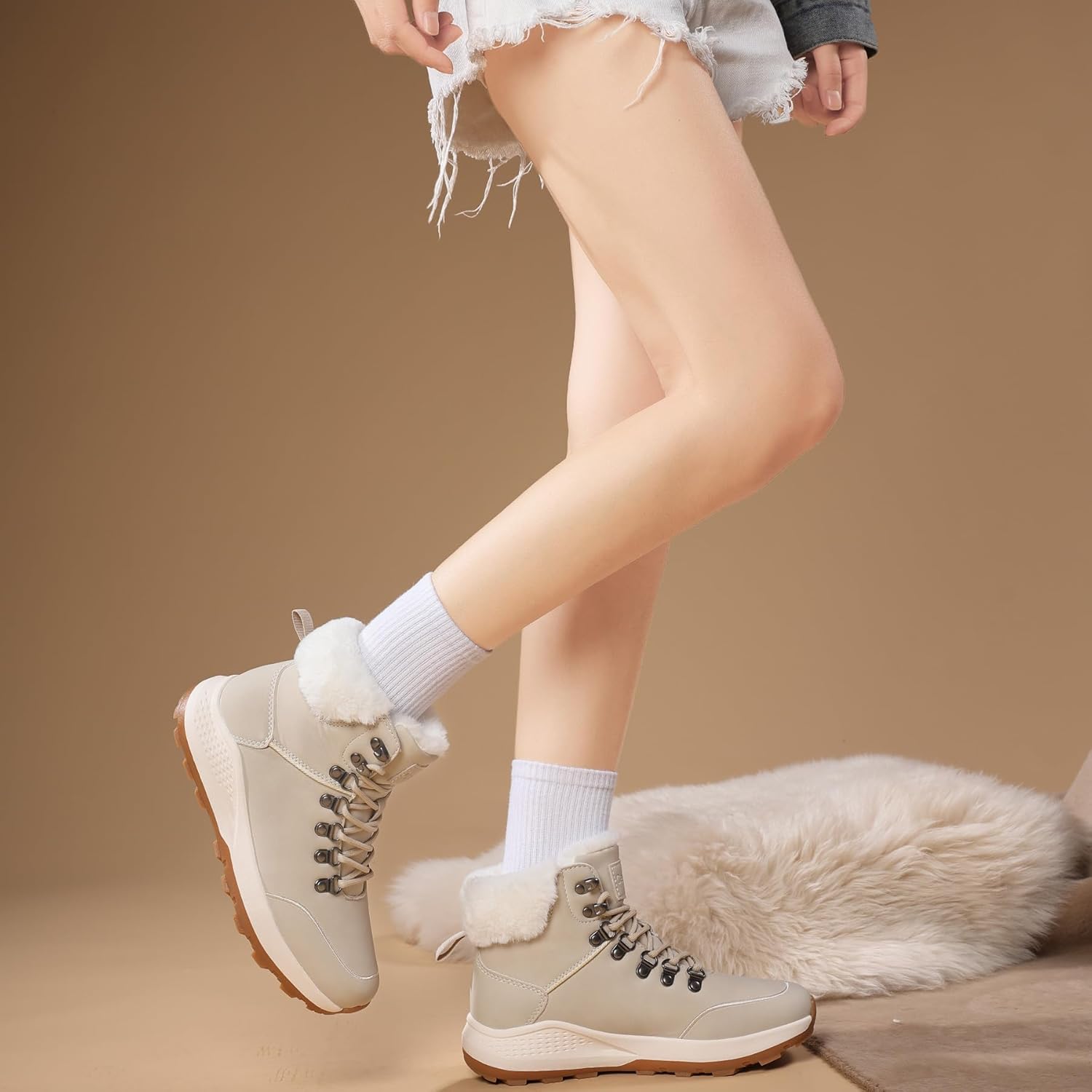 Womens Winter Hiking Boots Fur-Lined Snow Boots Warm Outdoor Shoes