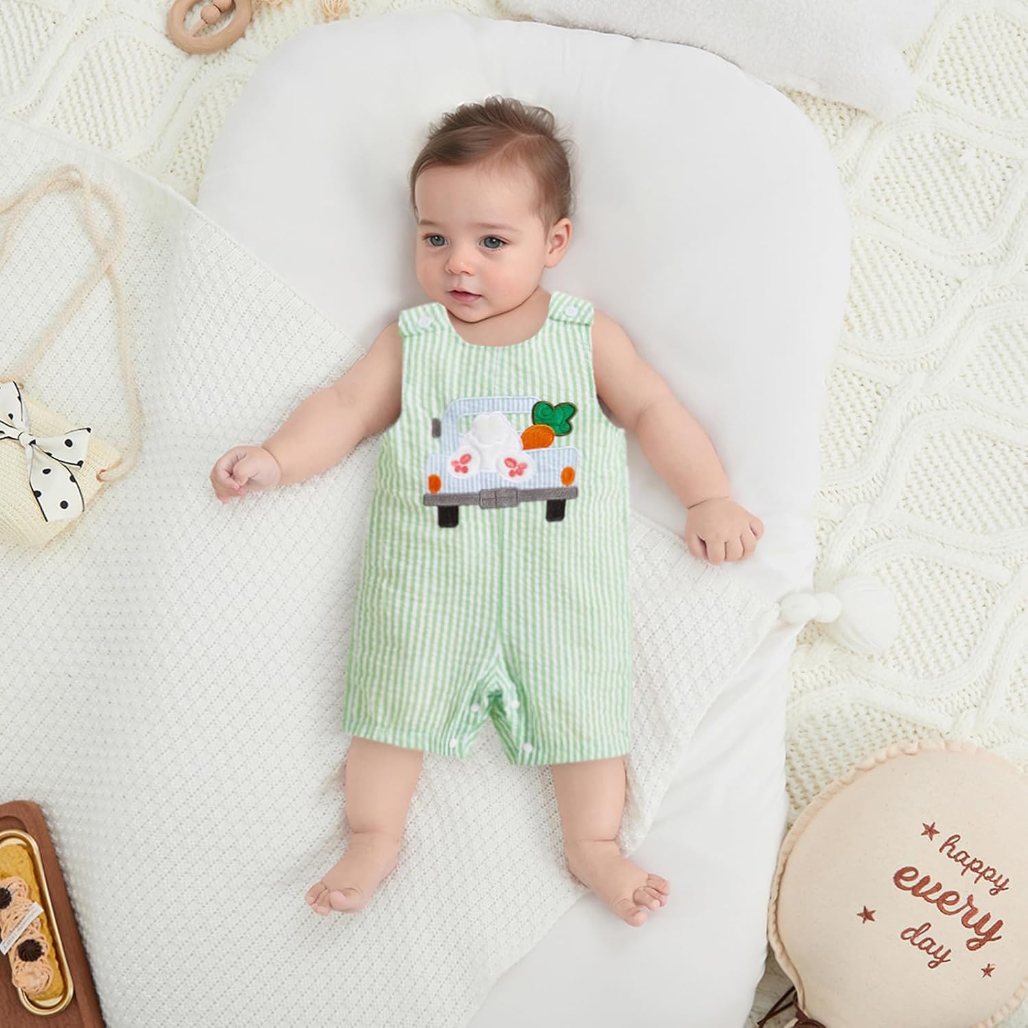SAYOO Newborn Baby Boy Easter Outfit Sleeveless Embroidery Striped Bunny Eggs Romper Jumpsuit Infant First Easter Shortalls - Image 2