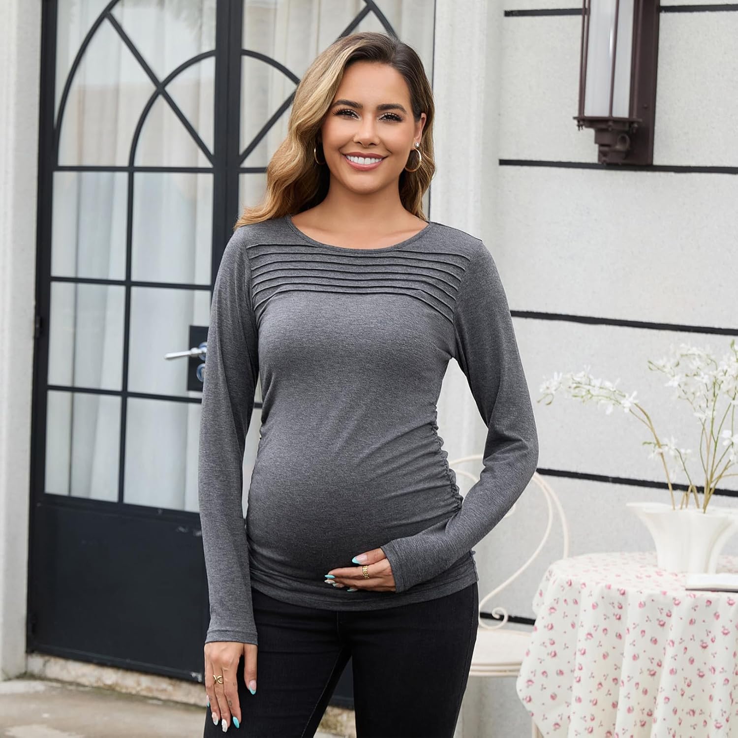 Maternity Long Sleeve Tops for Women Pleated Crewneck Pregnancy Shirts Dressy Work Blouses Trendy Basic Tunic - Image 2