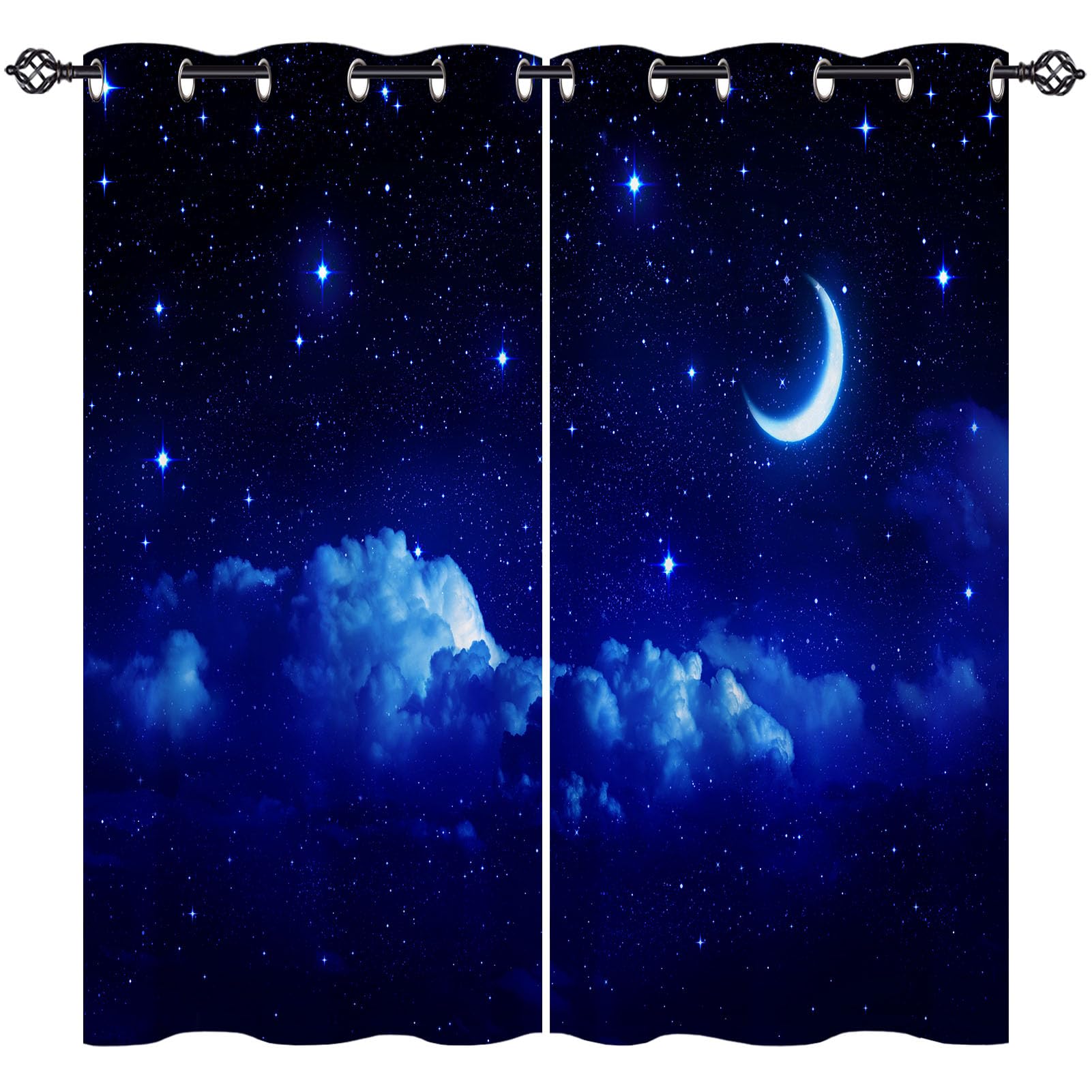 ANHOPE Night Curtains Eyelet Blackout Thermal Insulated Curtains Cloud Moon Stars Print Pattern Soft Soundproof Privacy Window Drapes for Kids Boys Girls Bedroom Living Room 46 x 63 Inch 2 Panels — image 1