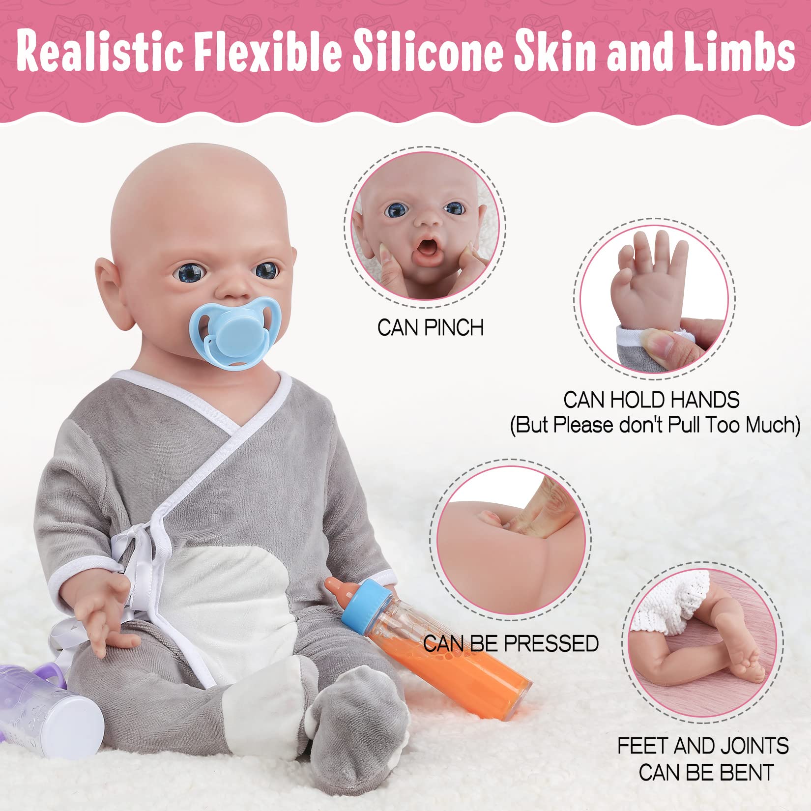 Vollence 53 cm Bambola Completamente in Silicone, Non Bambole in Vinile, Bambole Che sembrano Reali, Bambole Reborn, Bambola Neonato, Bambole Realistiche - Ragazzo