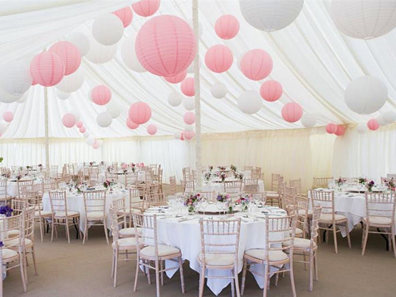 A Liittle Tree-24PCs Mixed Size New Round Paper Lanterns Wedding Birthday Party Events (White & Pink, 6 x 8" + 6 x 10" + 6 x 12" + 6 x 14")