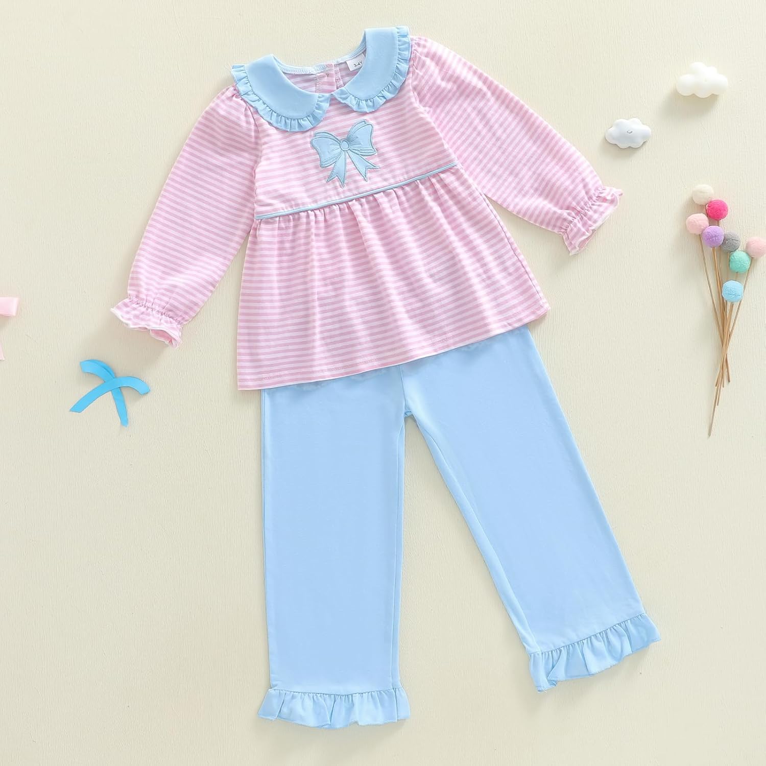 Toddler Baby Girl Fall Clothes Doll Collar Sweatshirt Bow Striped Long Sleeve Skirt Top Jogger Pants Set - Image 3