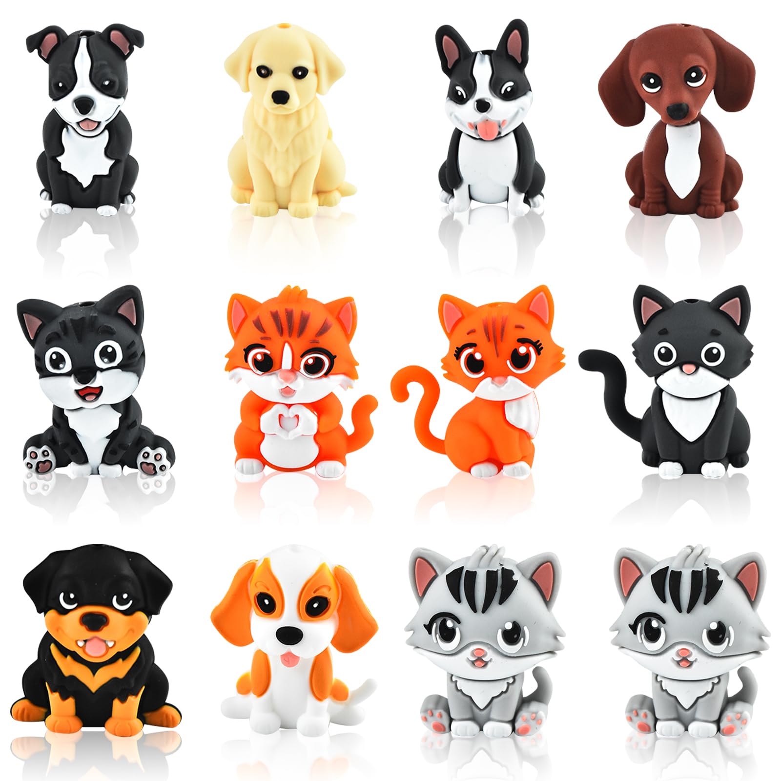WOZADU 12 PCS 3D Cat and Dog Silicone Focal Beads for Pens, Animal Beads Bulk for Keychain Bracelet Necklace Making, Handmade Crafts Supplies