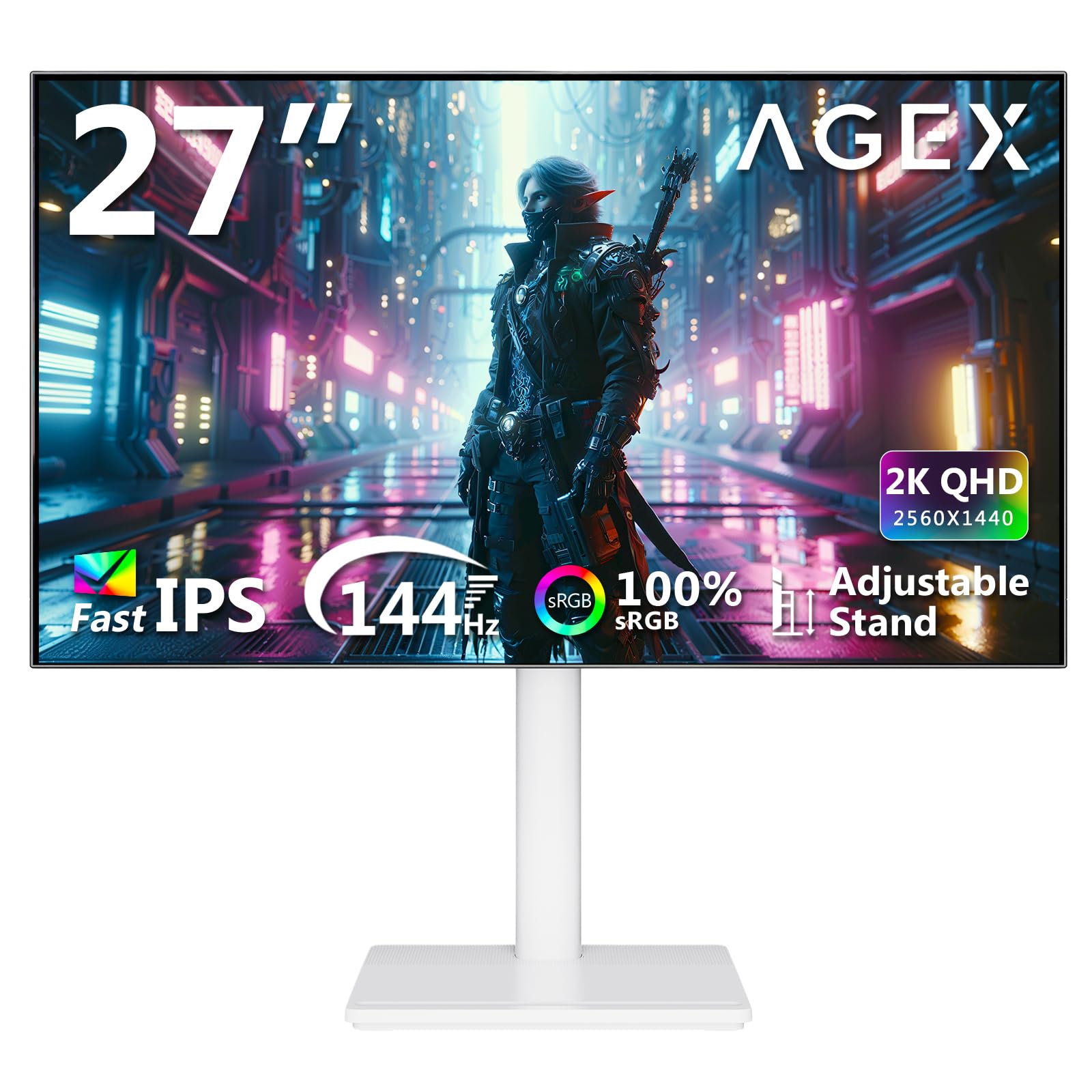 Z-Edge AGEX Monitor Gaming 27 Pulgadas 2K, 144 Hz, QHD 2560 x 1440, IPS MPRT rápido, LED de 1 ms, 350 CD/m², FreeSync, HDR10, DP y HDMI, Altura Ajustable, Inclinación, Giro y Pivote, Blanco