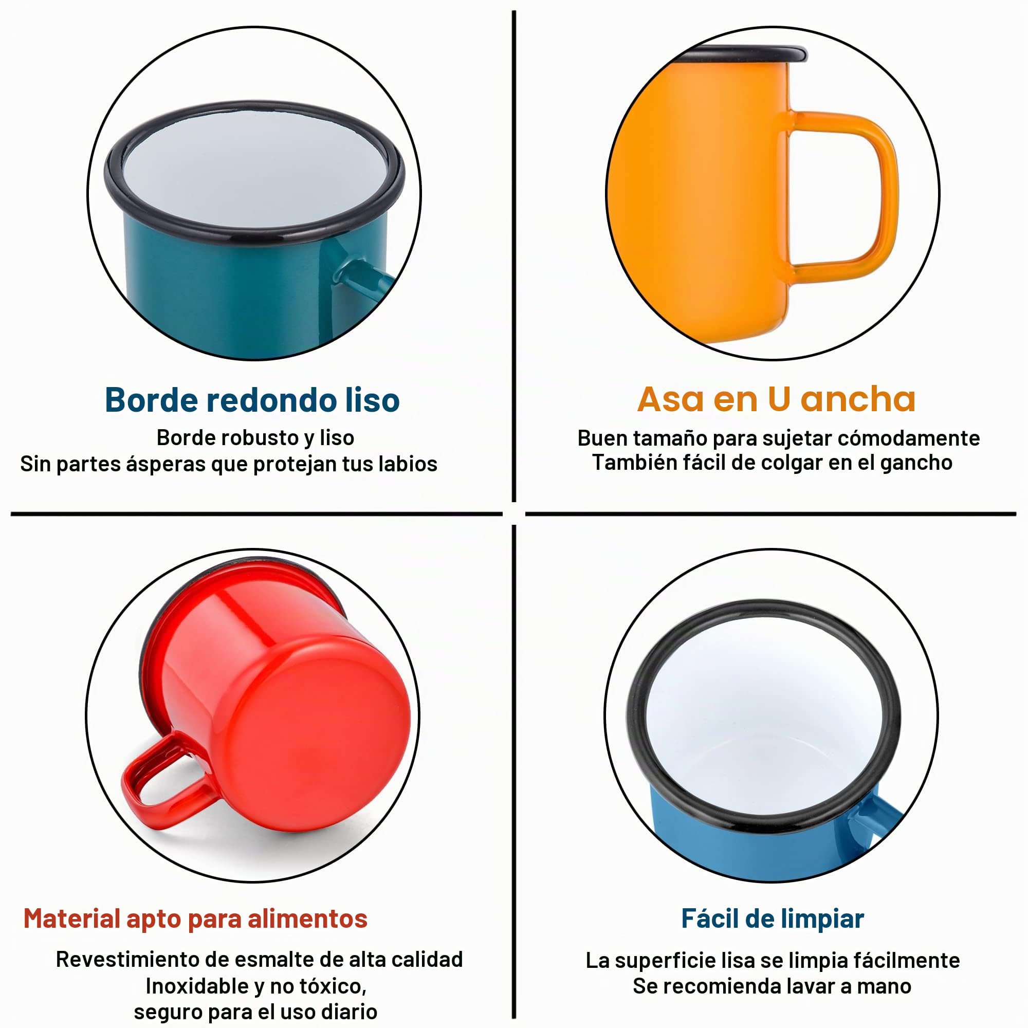 Herogo Juego de 6 tazas de esmalte, tazas de café blanco/negro/rojo/azul/verde/amarillo, tazas de té esmaltadas de porcelana con asa para camping, casa, fiesta, reutilizable y portátil, 350 ml