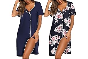 Plush Nightgowns for Women 2 Pack Buttery Soft Short Sleeve Sleep Shirts, V Neck Nightshirt