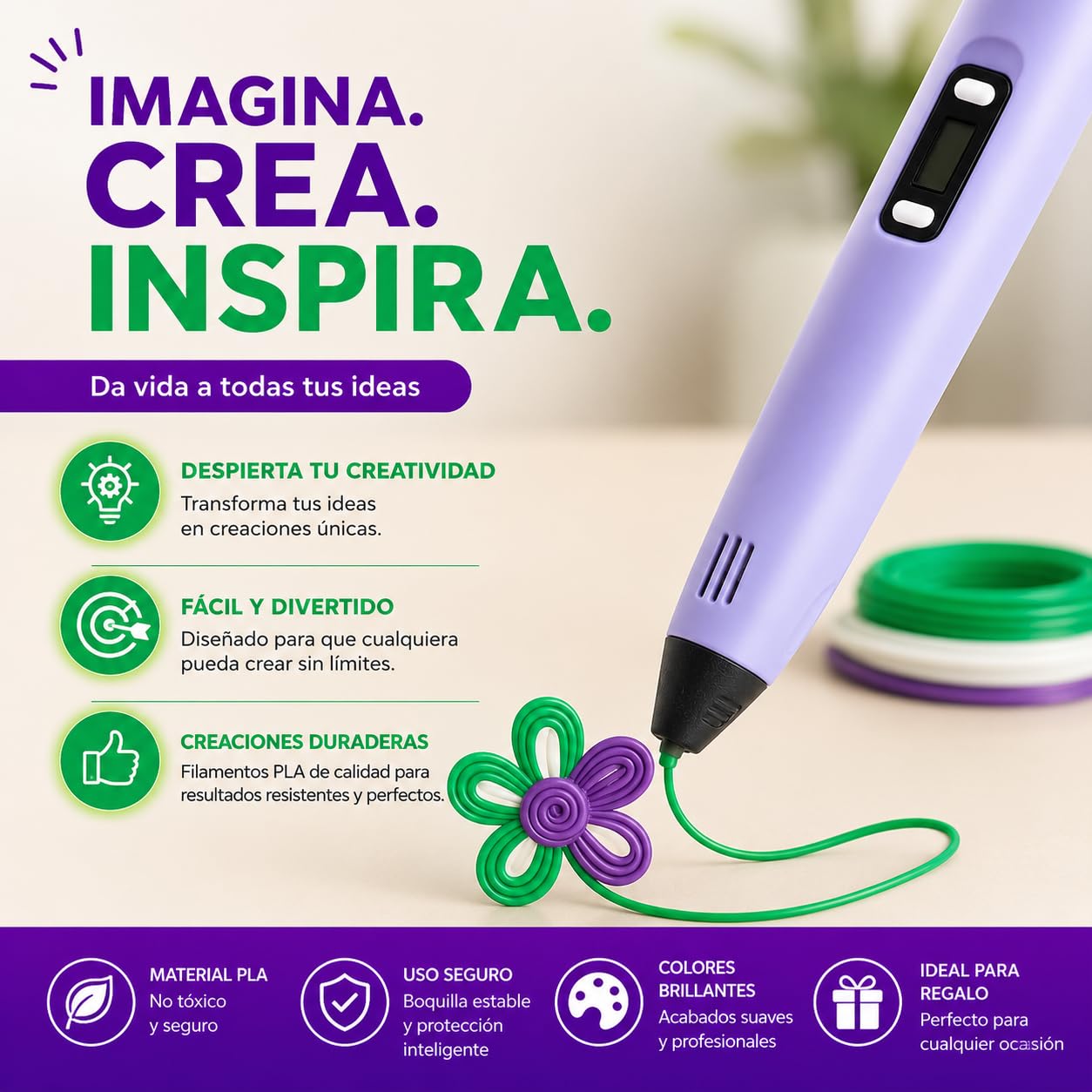 Bolígrafo 3D de Precisión | Kit Completo con 45 m de Filamento PLA (15 Colores) 3 Fluorescentes | Velocidad Regulable | Herramienta para Manualidades y Reparaciones. Pen 3D