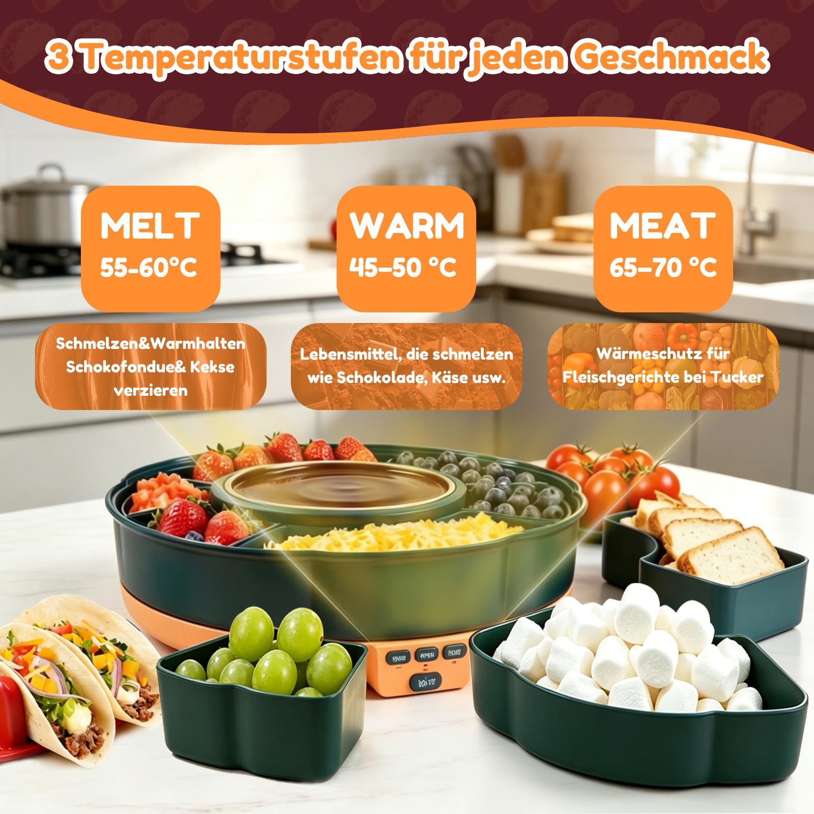 Schokofondue Elektrisch-Set 1000 ml mit 3 Temperaturniveaus 6 Fondue-Gabeln