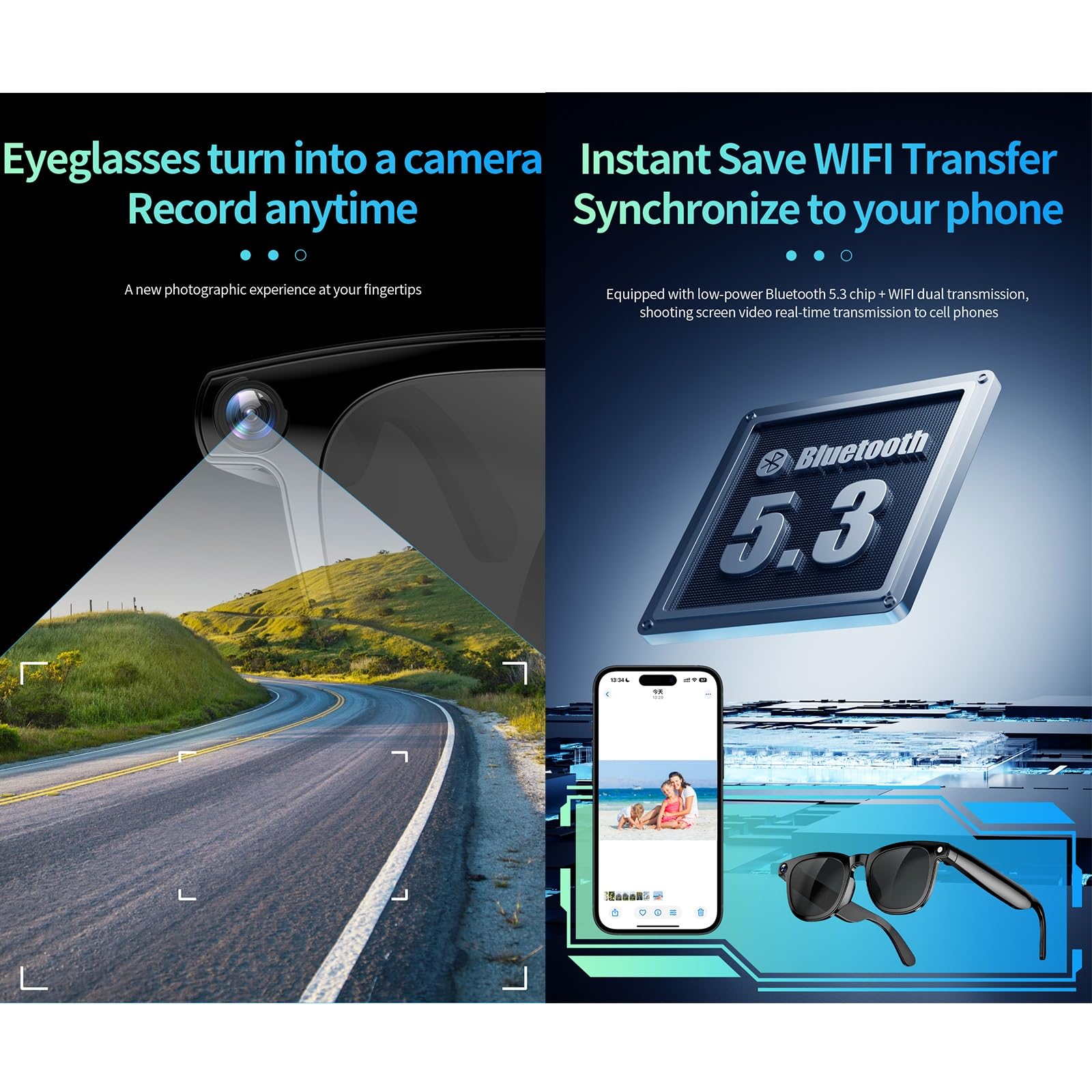 Gafas Inteligentes Con IA Y Cámara De 8MP, Compatibles Con Vídeo HD 1080P, Bluetooth Para Música Y Llamadas, WiFi, Asistente Voz Con IA, Traducción Y Reconocimiento De Objetos Para Viajes(White)