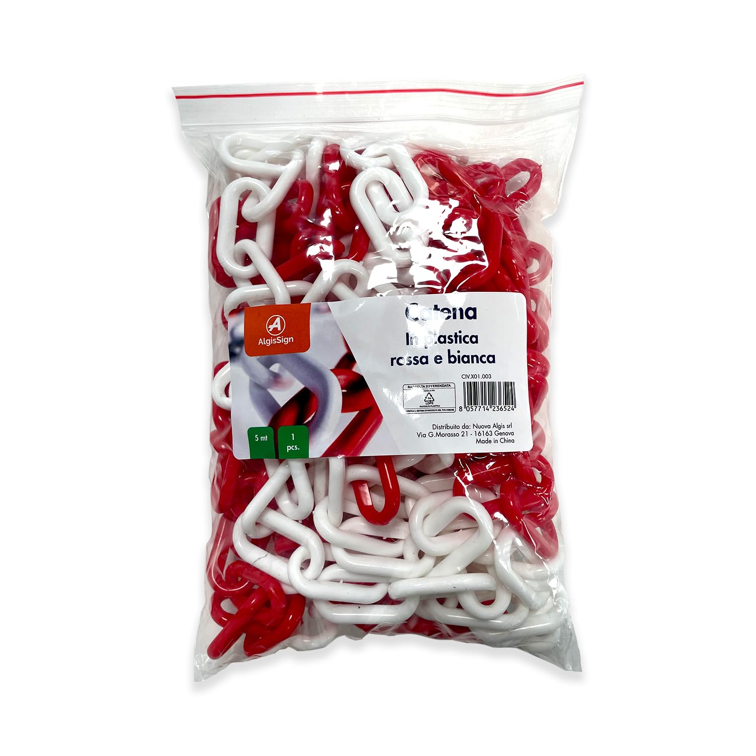 Catena in plastica Bianca e Rossa ad alta visibilità adatta per delimitare uno spazio un parcheggio o un'area pericolosa. Lunghezza 5 Metri
