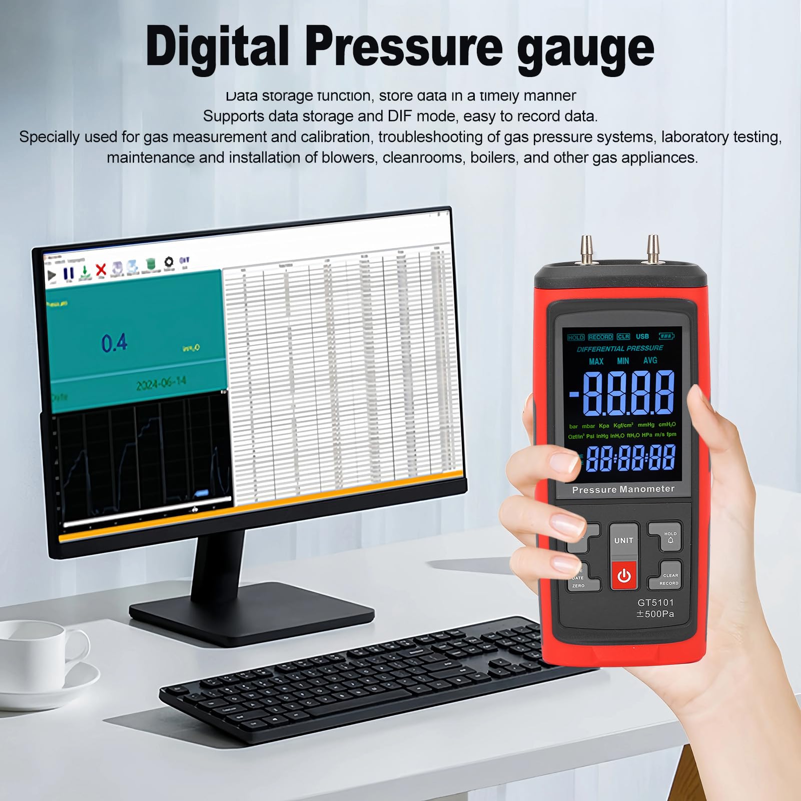 ViaGasaFamido Manómetro Digital, Probador Profesional de Presión de Gas HVAC de Doble Puerto con Manómetro Diferencial y Pantalla LCD Retroiluminada, para Medición y Calibración de Gas