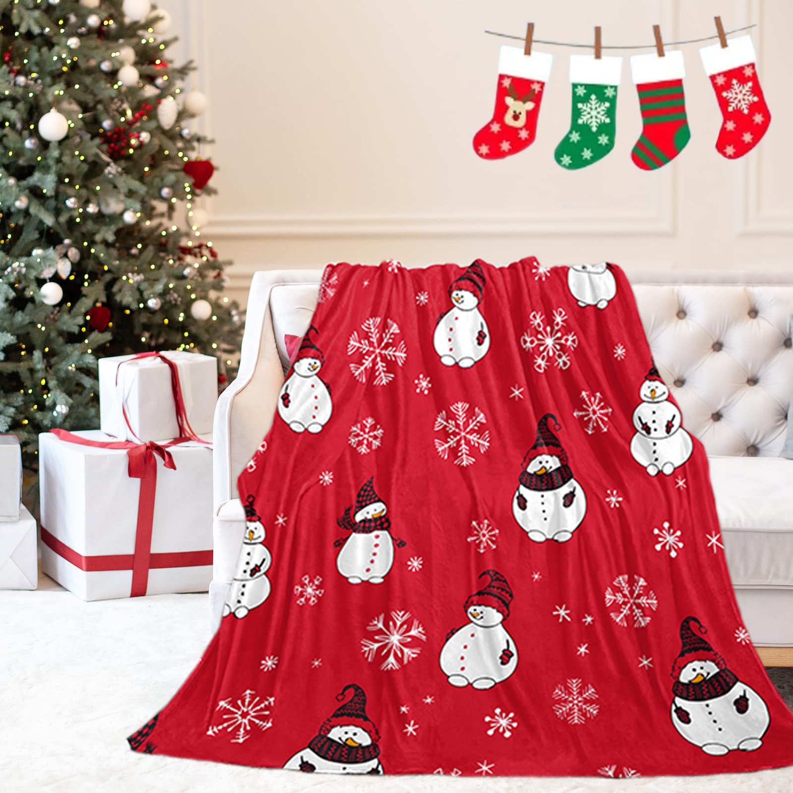 Bedorm Red Christmas Blanket Boys Girls Cartoon Snowman Throw Blanket Super Soft Fluffy Flannel Fabric White Snowflake Cold Winter Xmas Blanket and Throw for Kids Teens, 60 x 80 Inches