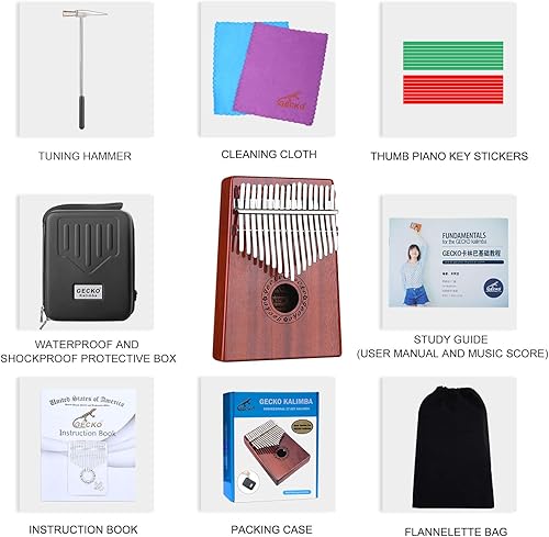 Miniatura 6 de GECKO Kalimba de 17 teclas, piano de pulgares, EVA integrada en la caja protectora de alto rendimiento, martillo de afinación e instrucciones de