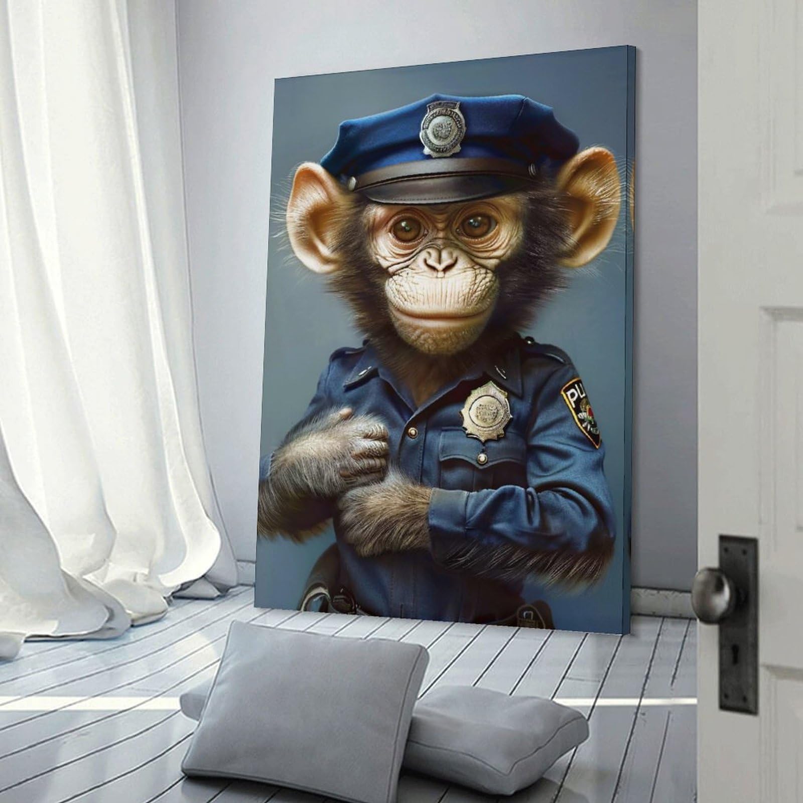 Junmoney Canvas Wall Art Monkey in Police Uniform Portrait, 20x30inch(50x75cm), for Living Room, Bedroom, Office Or Hallway, Decorative Artwork with Broad Appeal