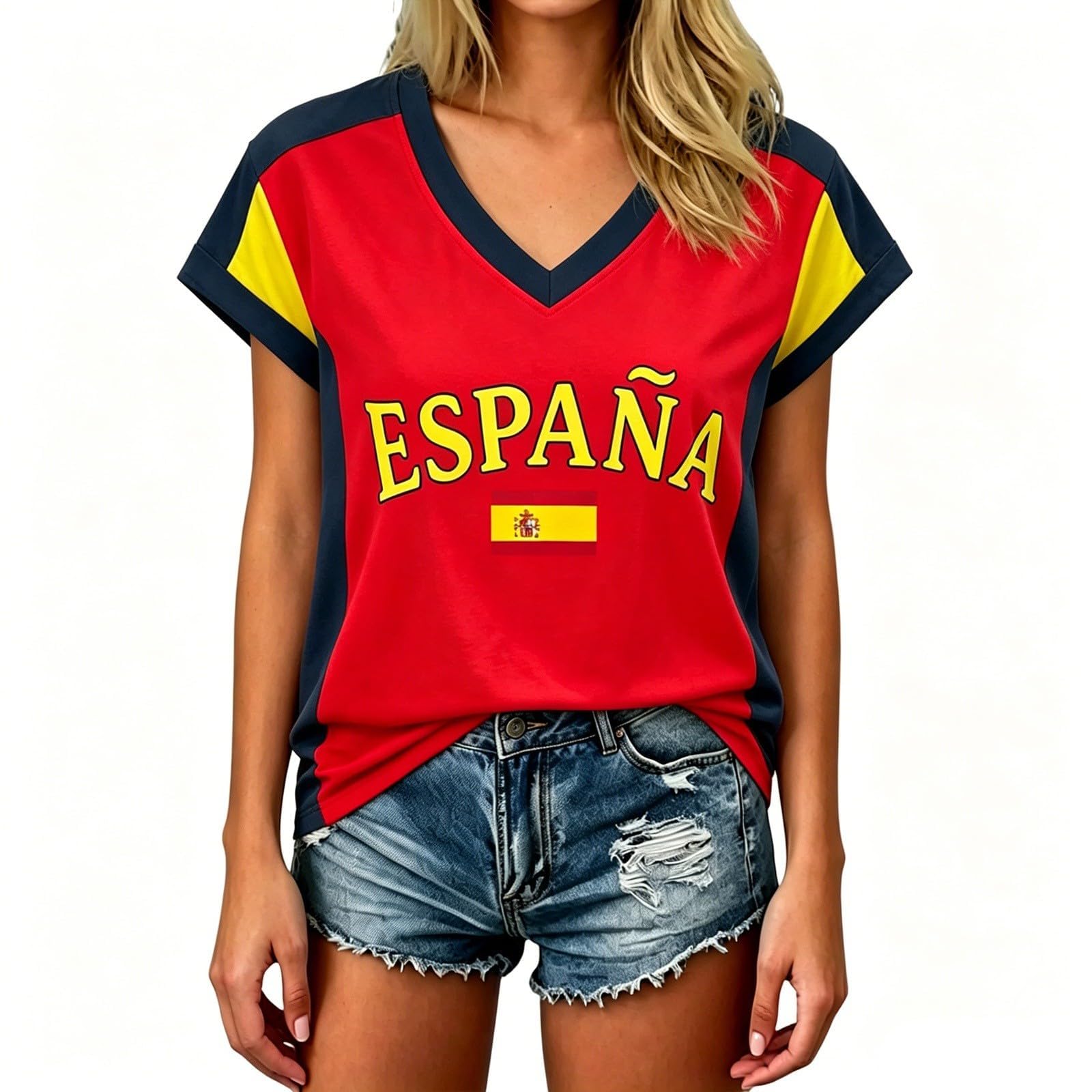 Spain Football T-Shirt for Women Short Sleeve V-Neck Shirts Spain Flag Comfortable Casual Tee Retro Soccer Jersey Adult and Kids Summer Tops (1-Red, 6-7 Years)