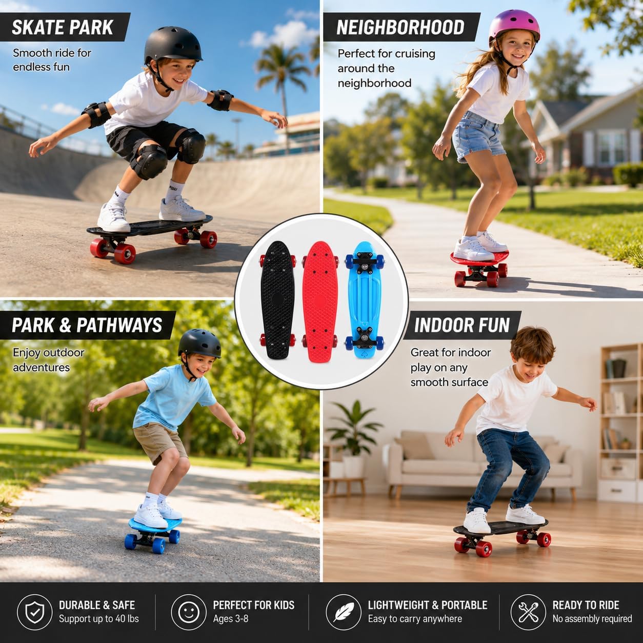 Mini Skateboard,17" Classic Retro Plastic Cruiser for Beginners, Compact Mini Cruiser Board with Grippy Molded Waffle Deck, Complete Skateboard for Easy Riding