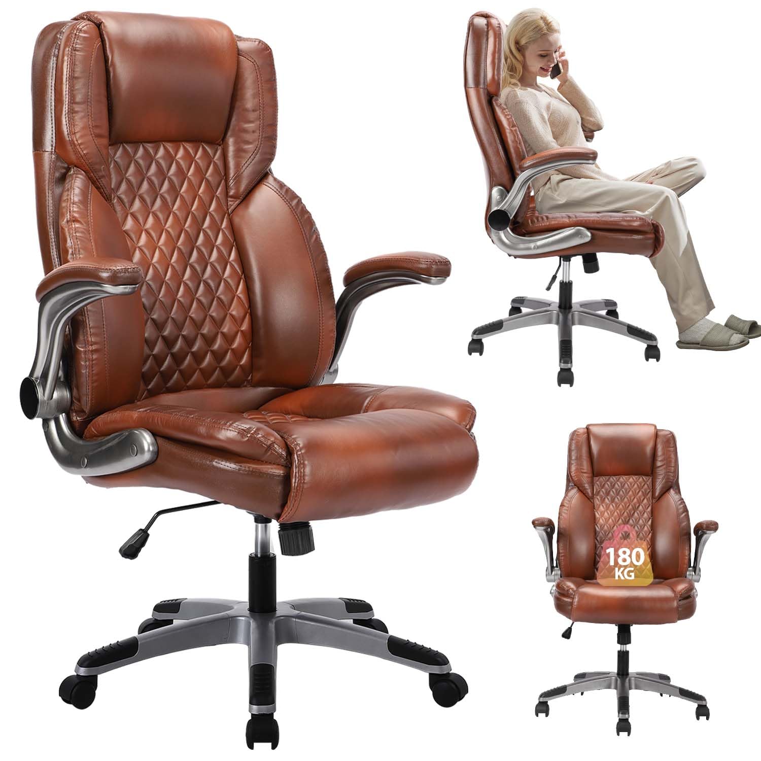 Bosmiller Bürostuhl Ergonomischer Chefsessel Bürostuhl 200 kg, Verstellbarer Rückenlehne, Hochklappbaren,Armlehnen, Schreibtischstuh Büro, Office Chair für Büro Computer Chefsessel, Braun
