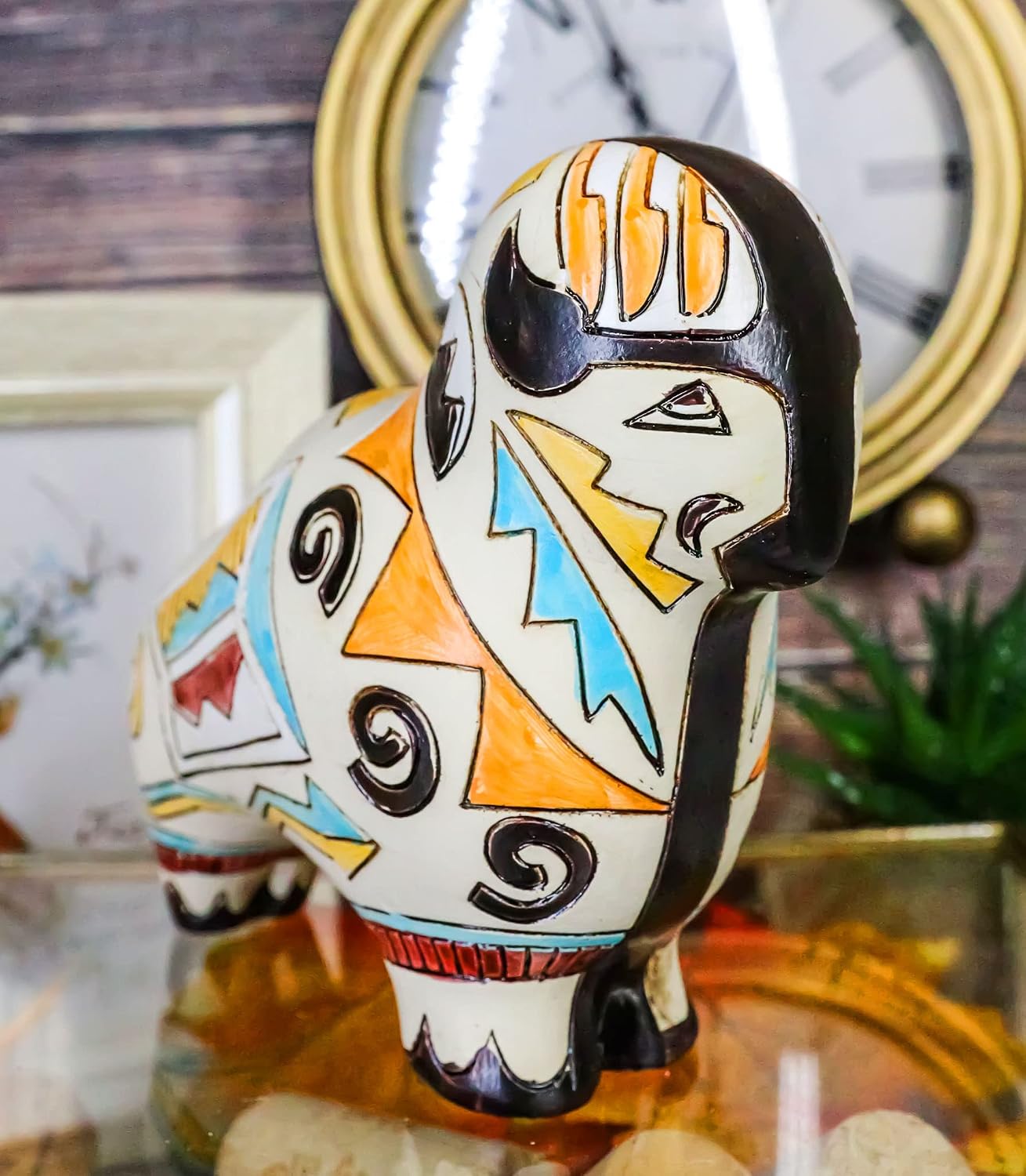 Ebros Gift Native Tribal American Aztec Hopi Indian Style Wild Bison Buffalo Animal Totem Spirit Figurine Collection Celestial Heaven and Earth Inspired Colorful Patterns