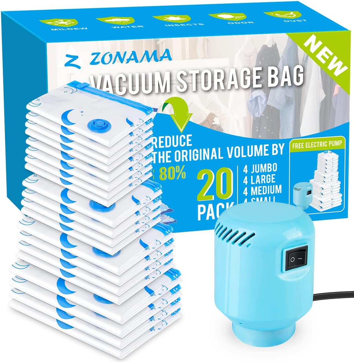 Vacuum Storage Bags with Electric Air Pump, 20 Pack (4 Jumbo, 4 Large, 4 Medium, 4 Small, 4 Roll Up Bags) Space Saver Bag for Clothes, Mattress, Blanket, Duvets, Pillows, Comforters,Travel,