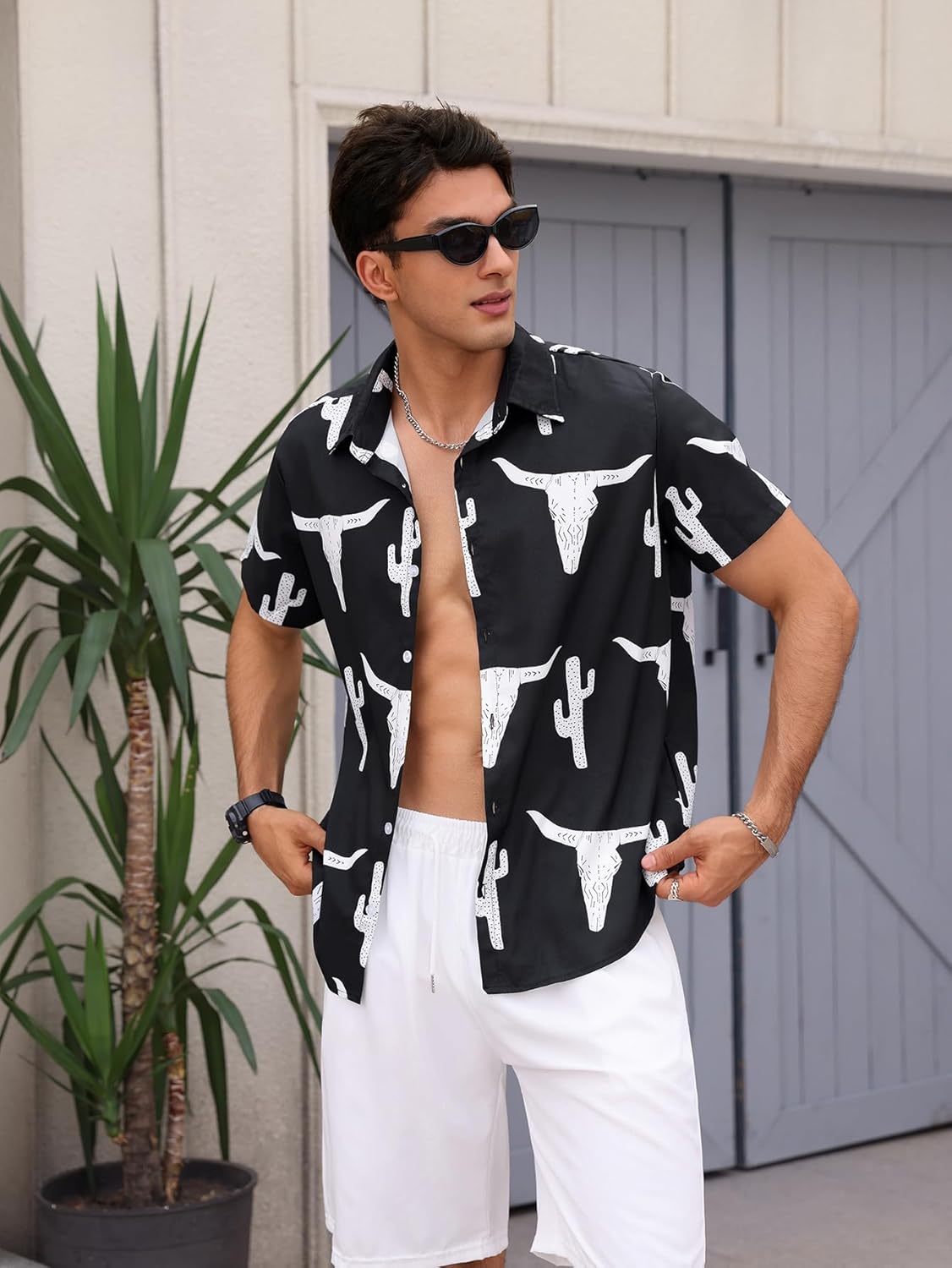 WDIRARA Men's Cow Print Button Front Summer Casual Shirts Colorblock Short Sleeve Collared Neck Shirts - Image 3